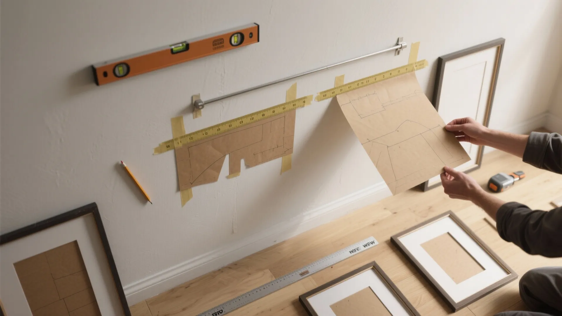 Top-down view of kraft paper templates taped to a wall with a level and measuring tape, illustrating how to hang multiple frames evenly.