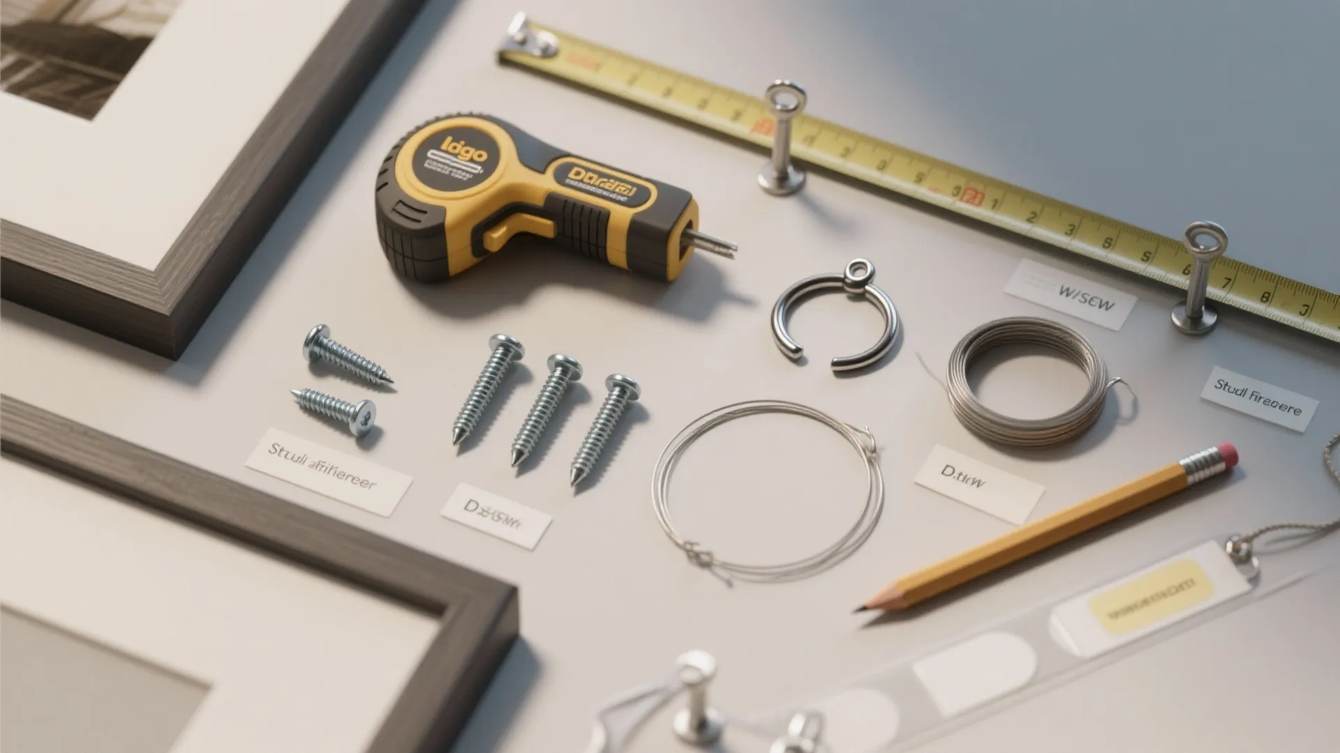 Table with picture hanging tools including screws yellow tape measure metal wire and wooden pencil