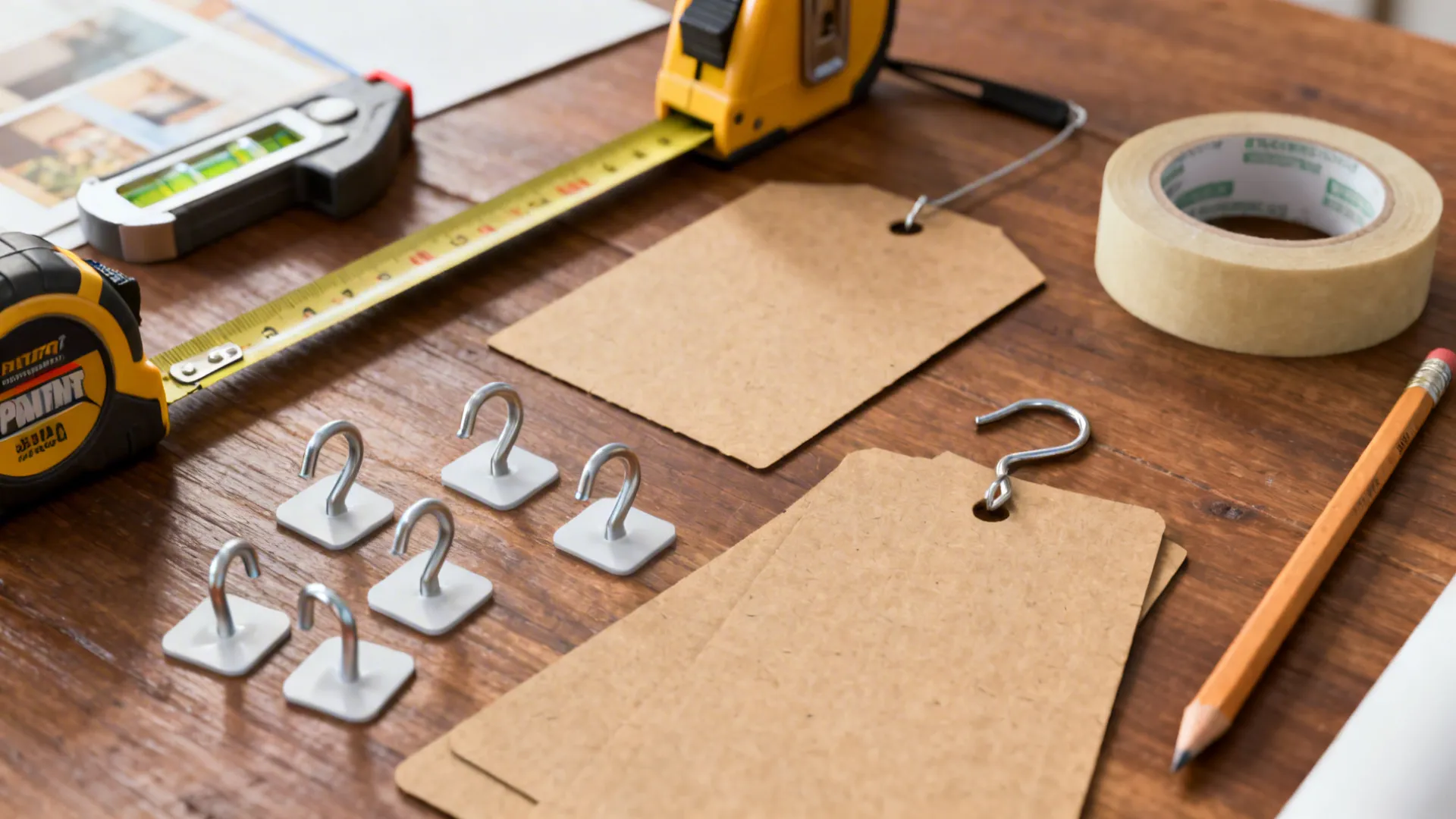 Tape measure, level, painter's tape and kraft paper templates for planning collages