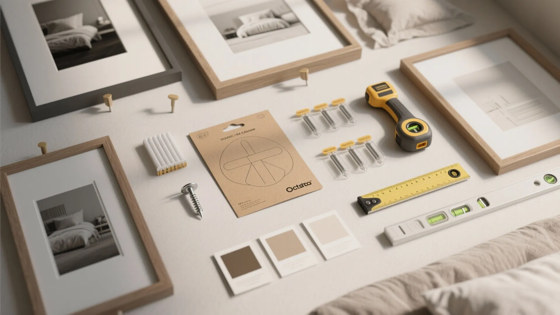 Flatlay of picture-hanging tools and templates for planning art layouts in a bedroom.