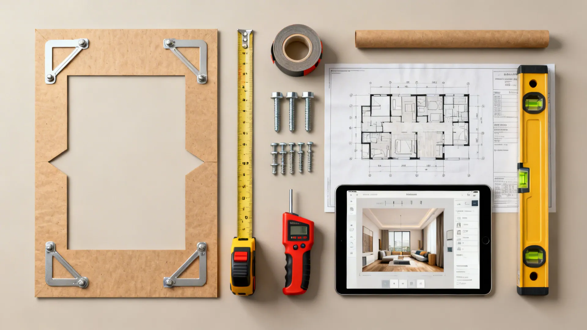 Flatlay of tools and templates for hanging heavy wall art, including anchors and a room planner on a tablet.