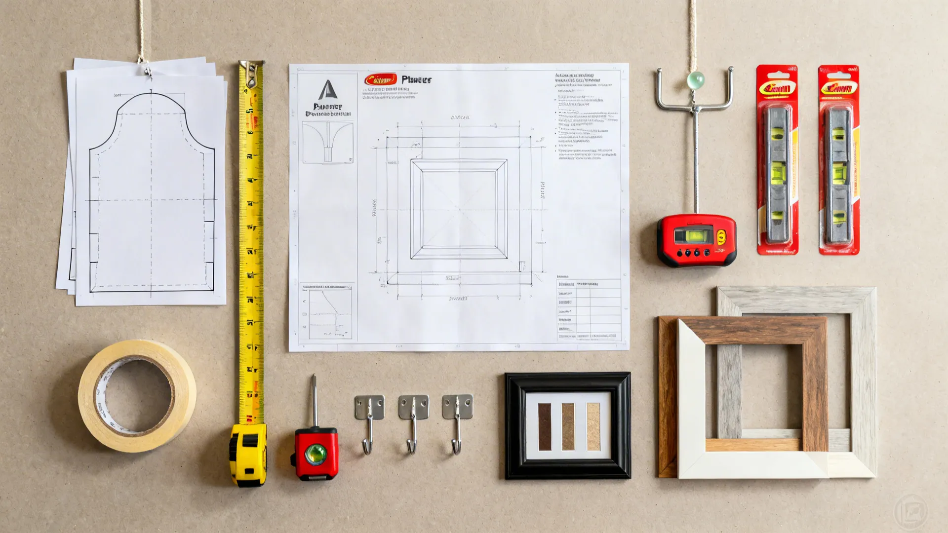 Top-down flatlay of hanging tools and paper templates for planning artwork placement.