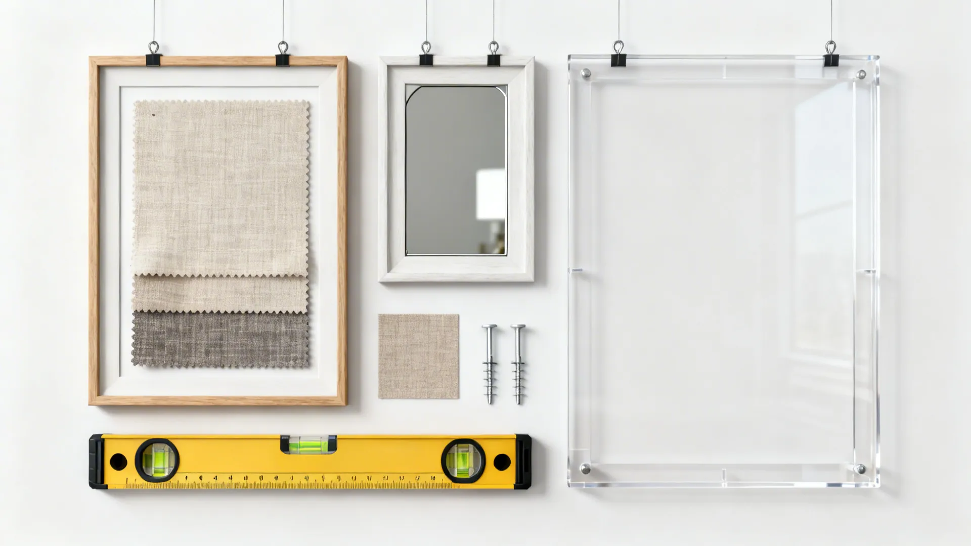 Flatlay of tools and material samples for hanging wall decor above a sofa