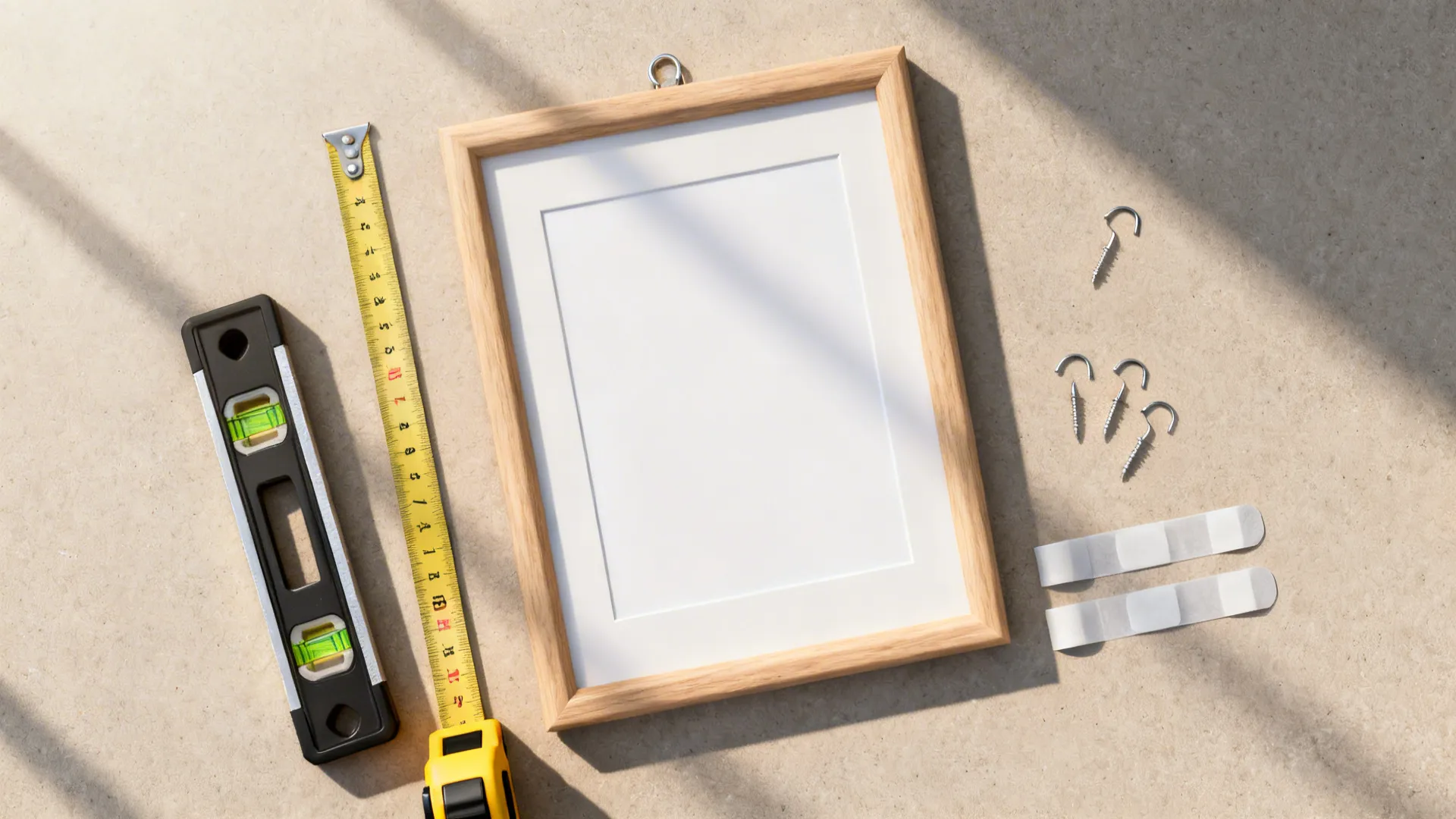 Top-down flatlay of hanging tools: level, tape, adhesive strips and hooks for photo hanging.