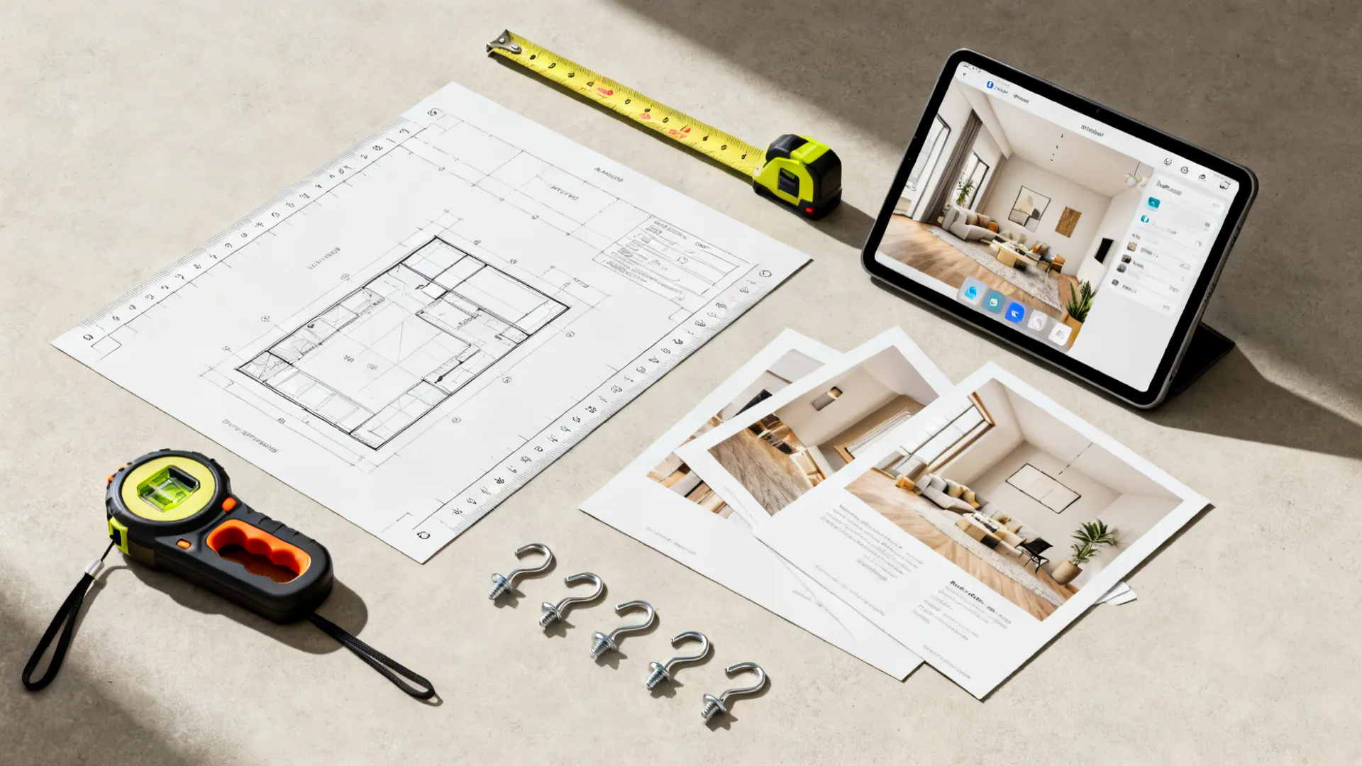 Tools including measuring tape floor plan hooks and tablet showing interior design on a surface
