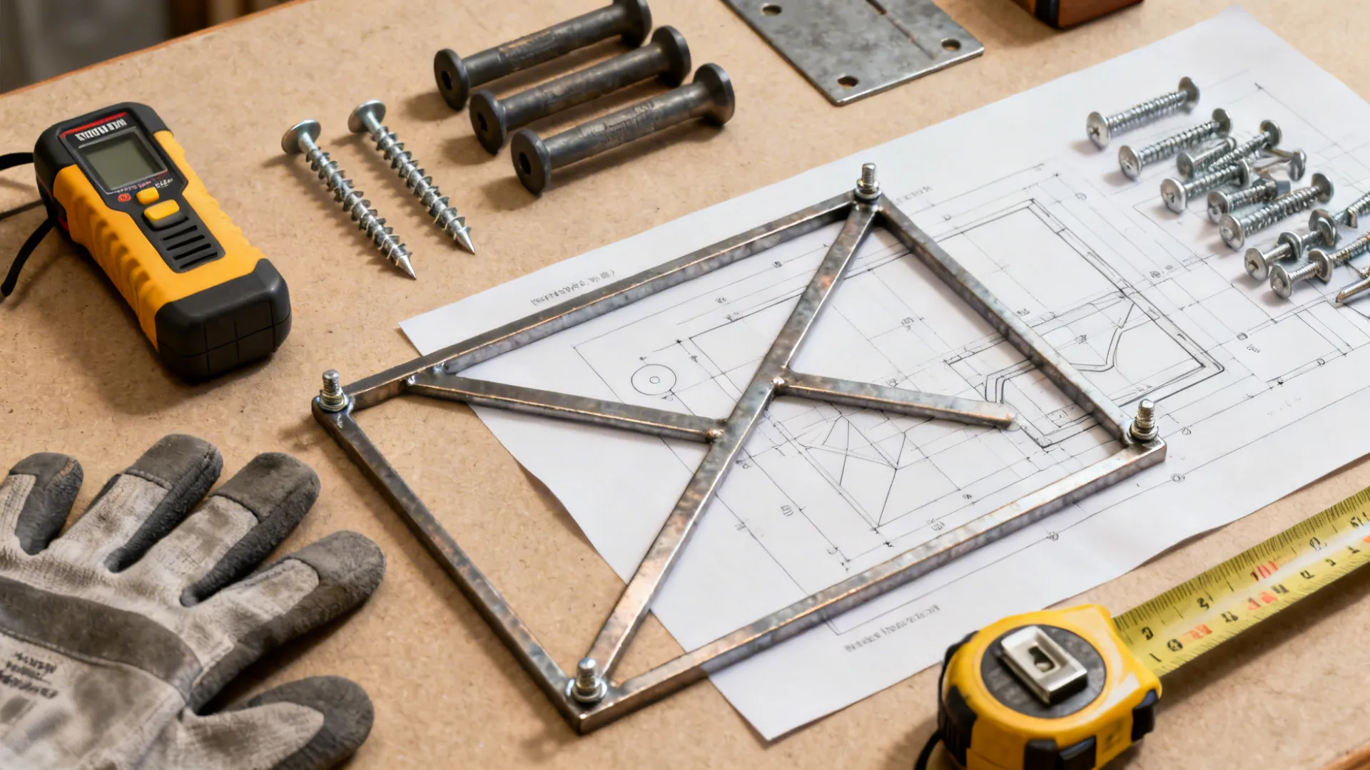 Top-down view of tools and hardware used to safely hang metal wall decor.