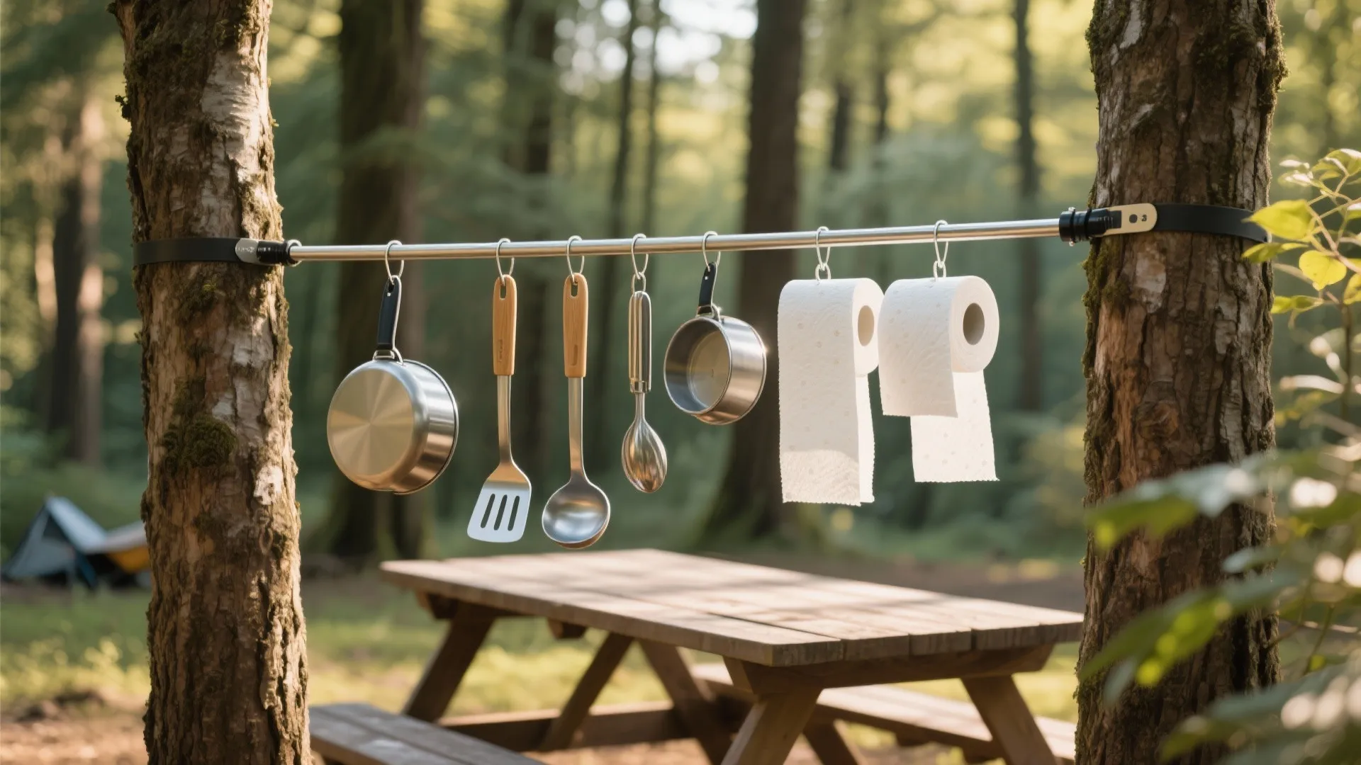 Metal hanging rack between trees holding kitchen tools and paper towels above a wooden table