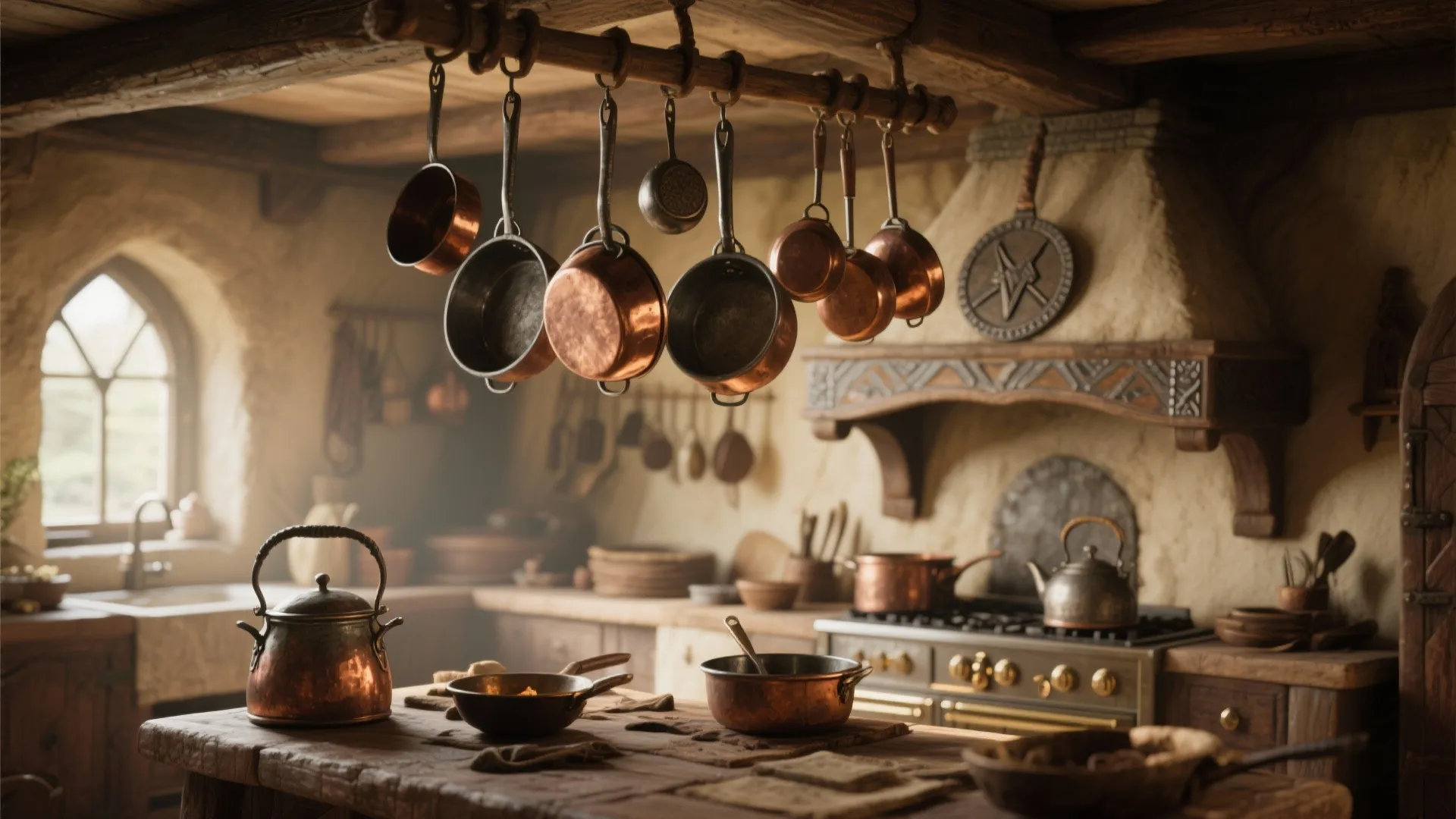 Ceiling-mounted rack in a kitchen holding copper cookware