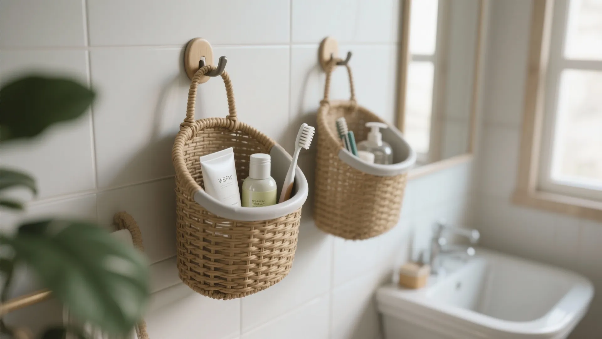 Two small woven hanging baskets on white tiled wall holding toothbrush and various skincare beauty products