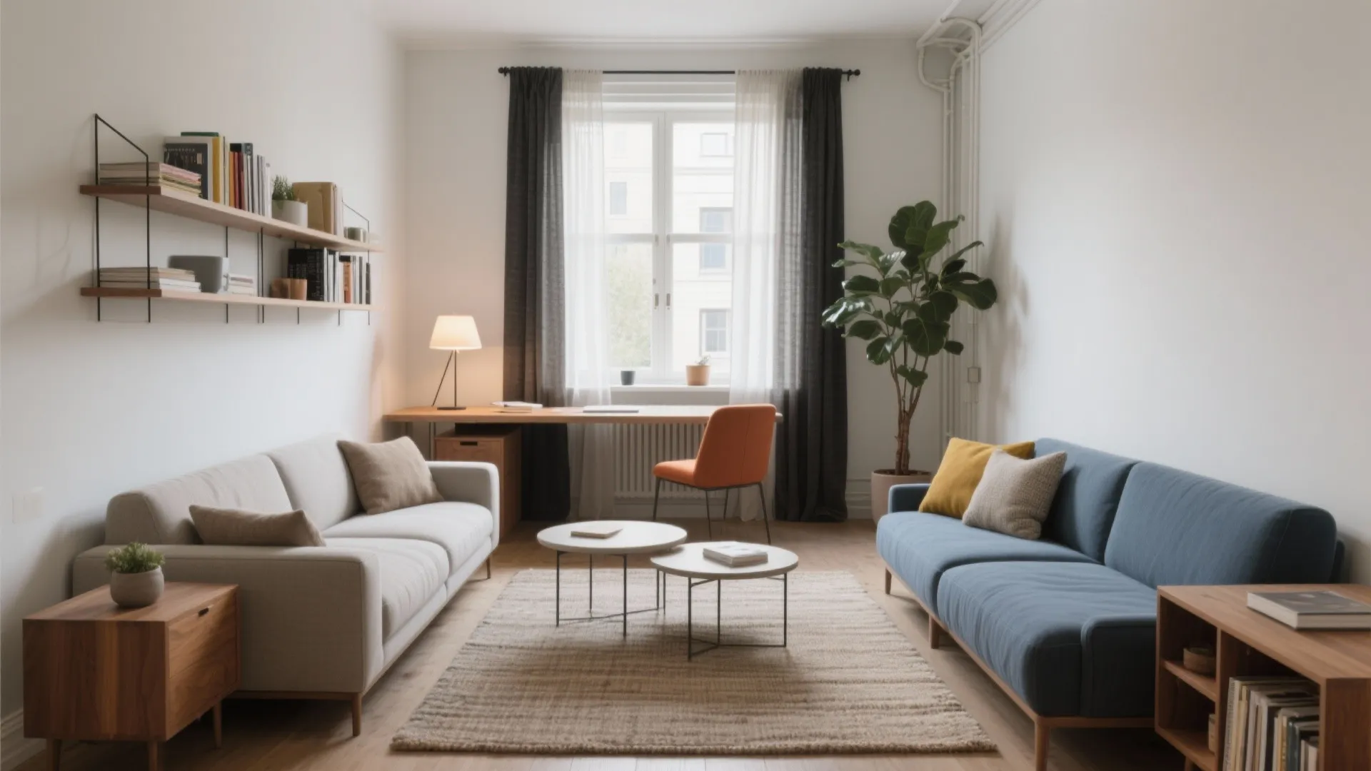 Modern living room featuring two sofas with a small wooden desk under a large window