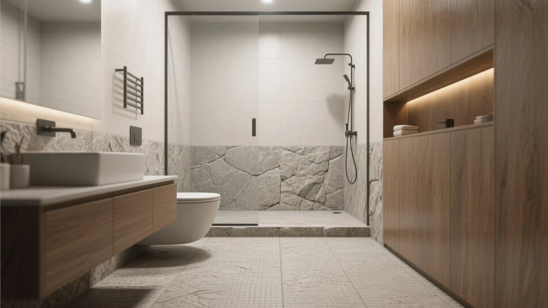 Modern bathroom interior with stone wall shower glass door wooden cabinet sink and white toilet