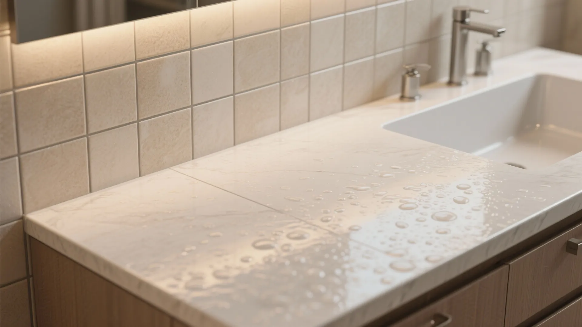 Large-format tile and epoxy grout with seamless countertop to minimize gaps and hiding spots for insects.