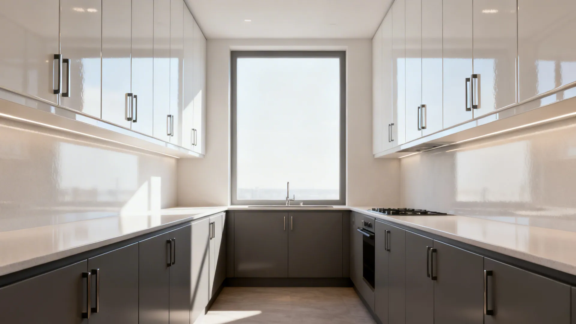 Bright u-shaped kitchen featuring white glossy upper cabinets dark grey lower cabinets and large center window