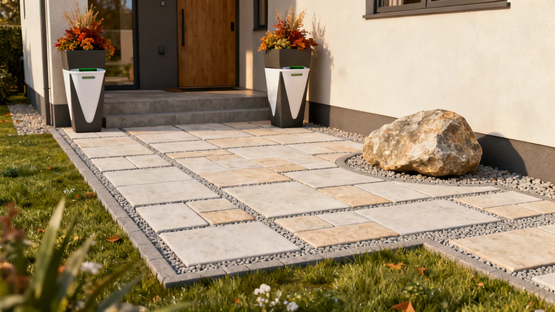 Hardscape-focused front yard with a paved terrace, decorative boulder, and seasonal container pots
