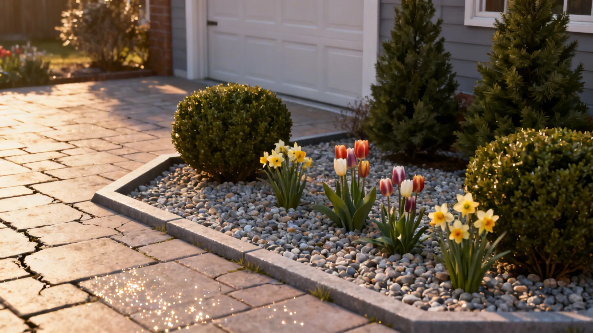 Small front yard with textured paving, gravel bed, boxwood anchors and seasonal bulbs.