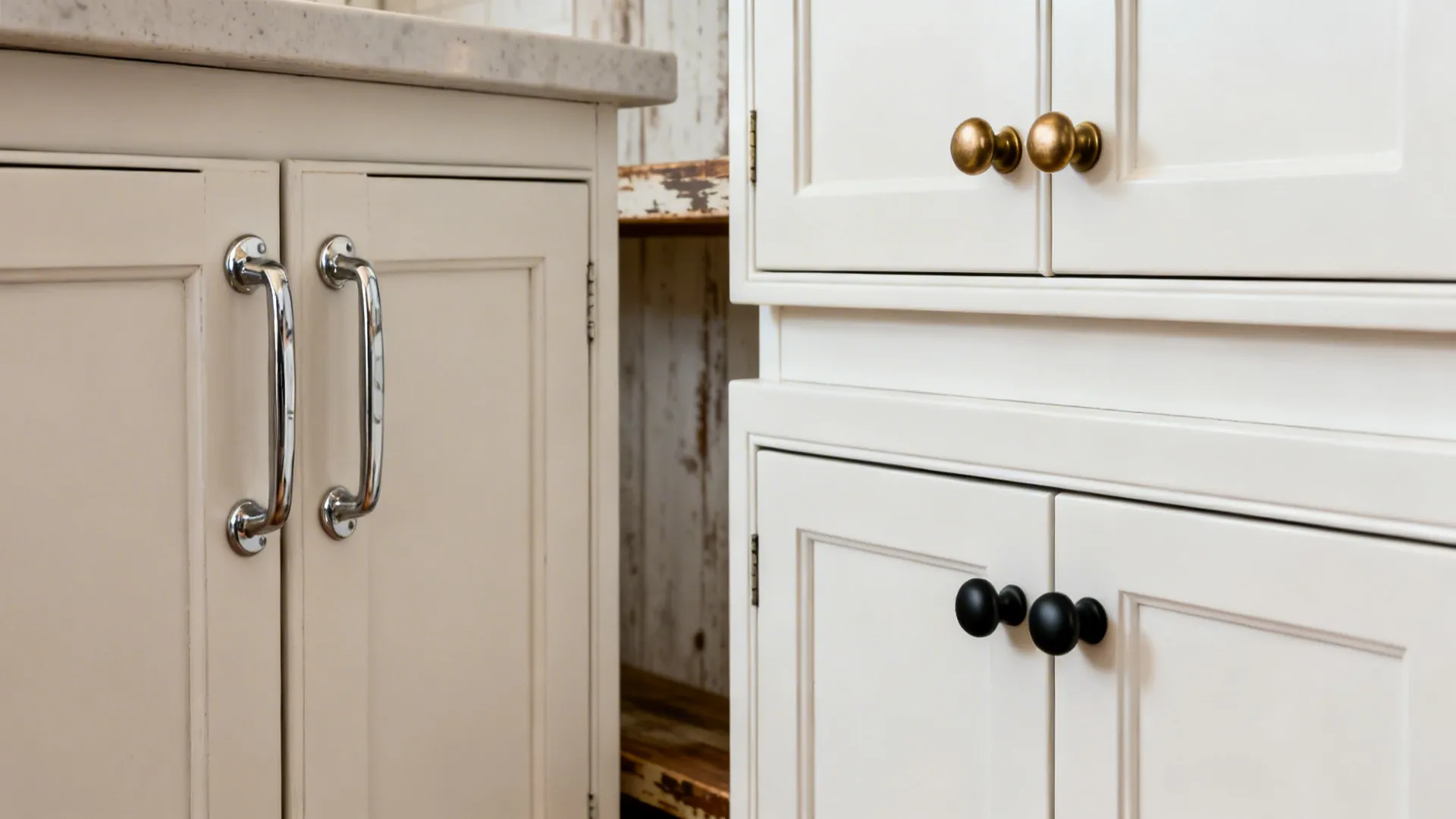 Before and after cabinets showing chrome hardware replaced with matte black and warm brass.