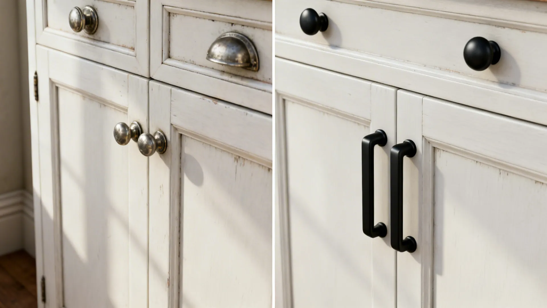 Split view showing cabinets before with nickel knobs and after with matte black bin pulls and knobs.