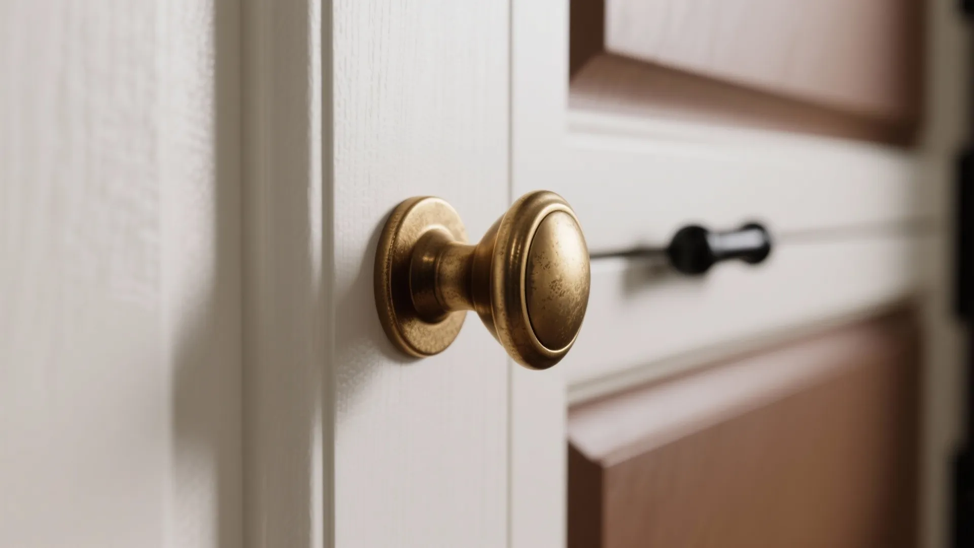 Close-up of warm brass and matte black cabinet handles on white and brown doors.