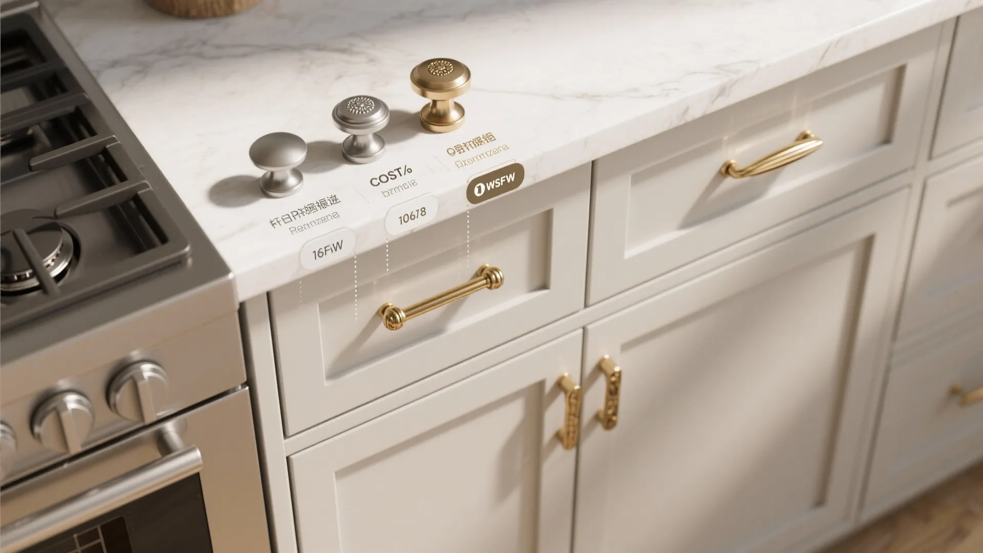 Different metal knobs displayed on marble countertop above white cabinets for a kitchen hardware comparison