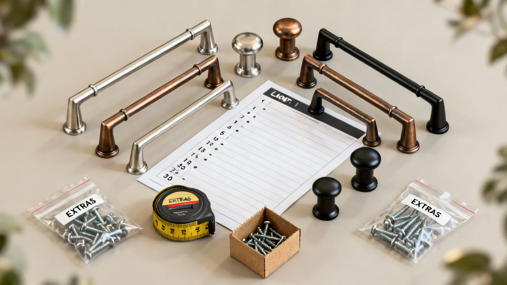 Budget planning flat lay with assorted hardware, checklist, and measuring tape.