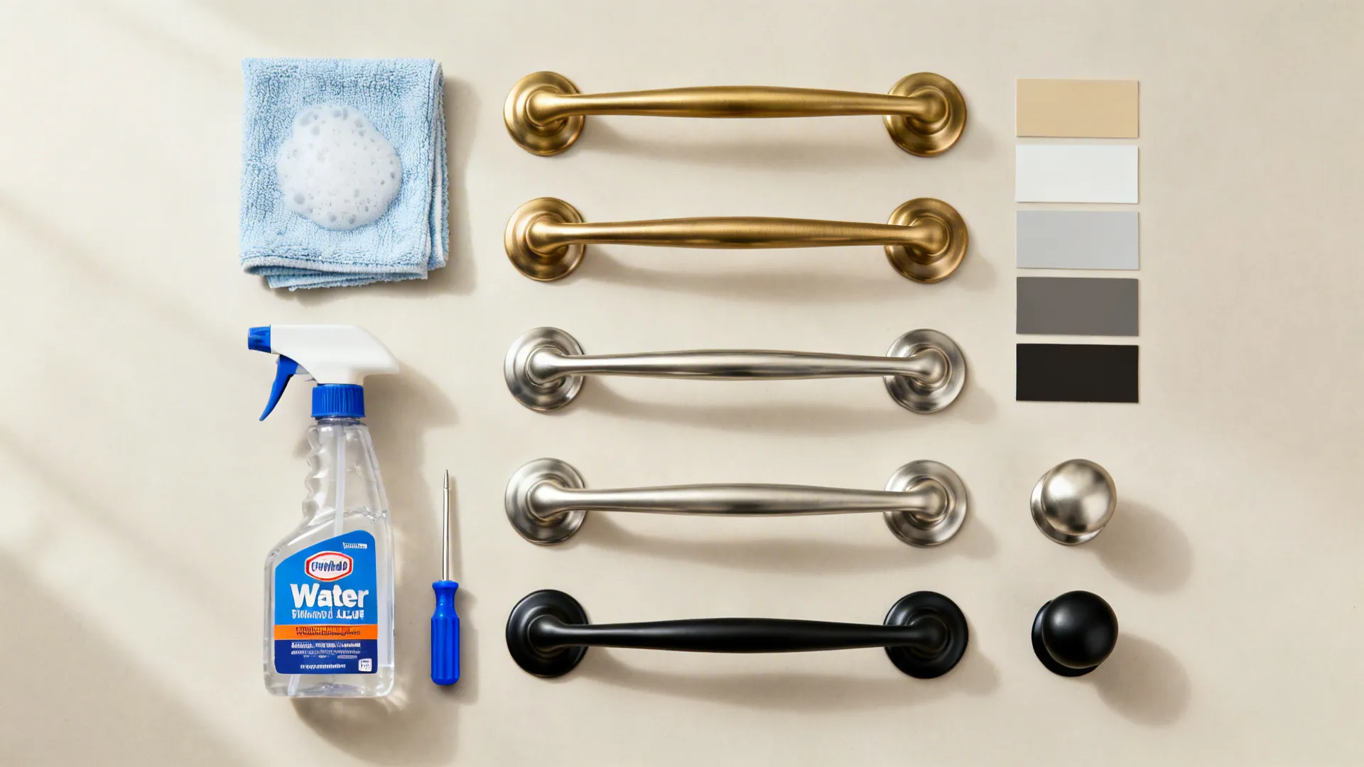 Care kit flat lay with microfiber, mild soap, thread-locker, and hardware samples.