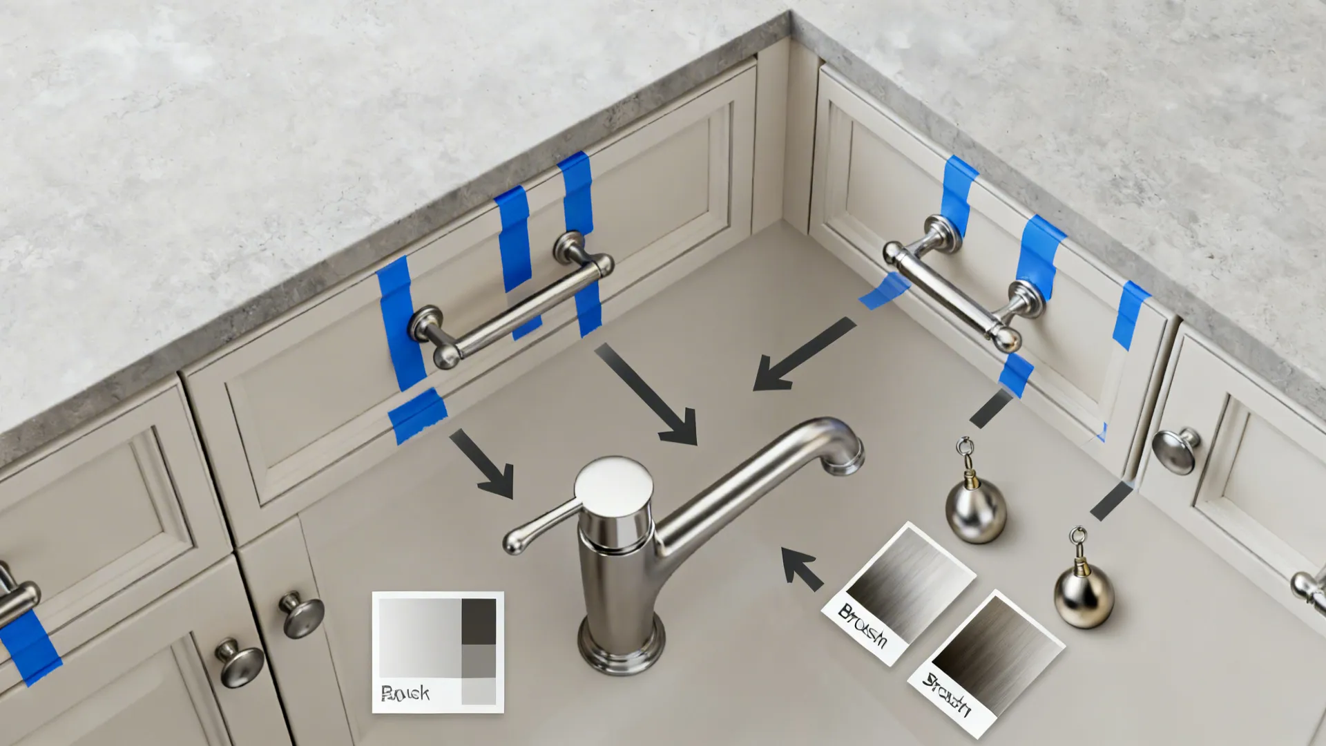 Top-down process board showing plan, tape sizing test, finish swatches, and faucet sample.