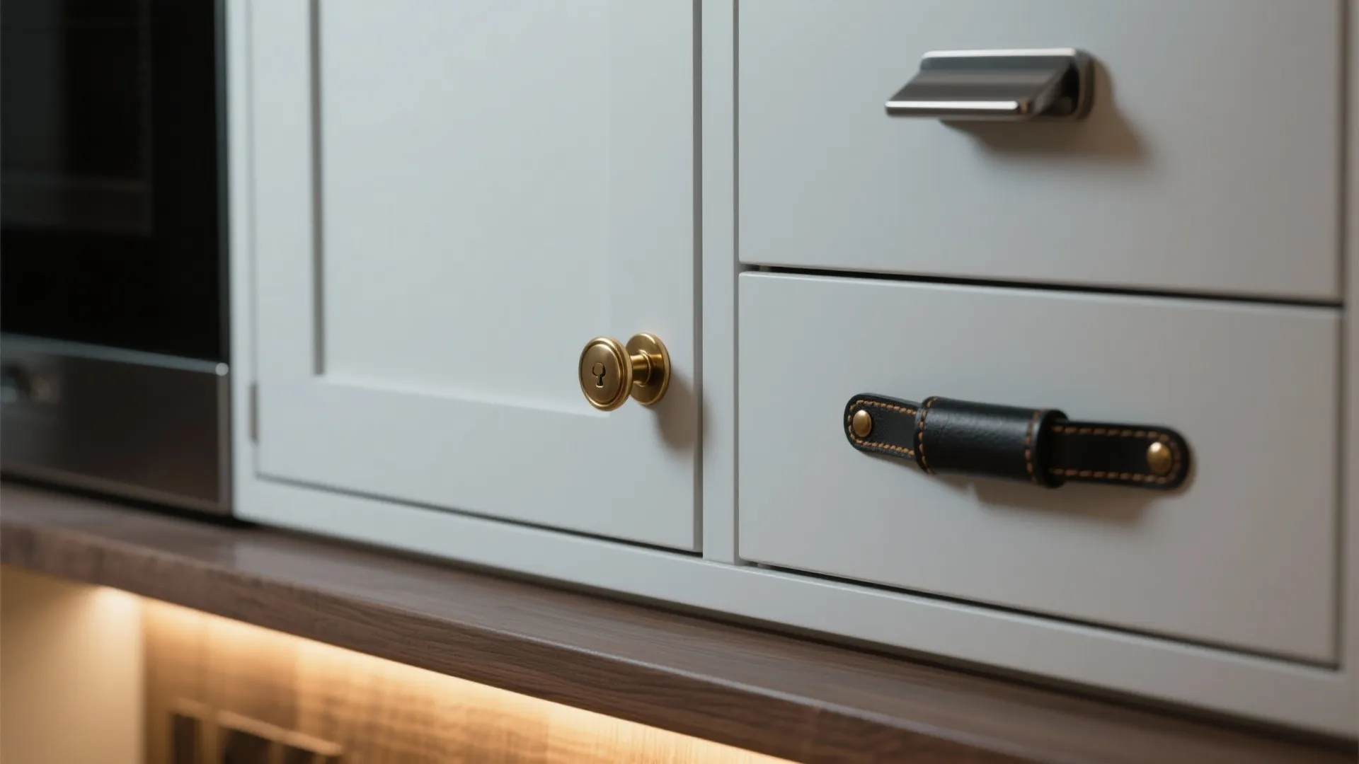 Close up of white cabinet doors featuring gold metal knob and black leather handle design details