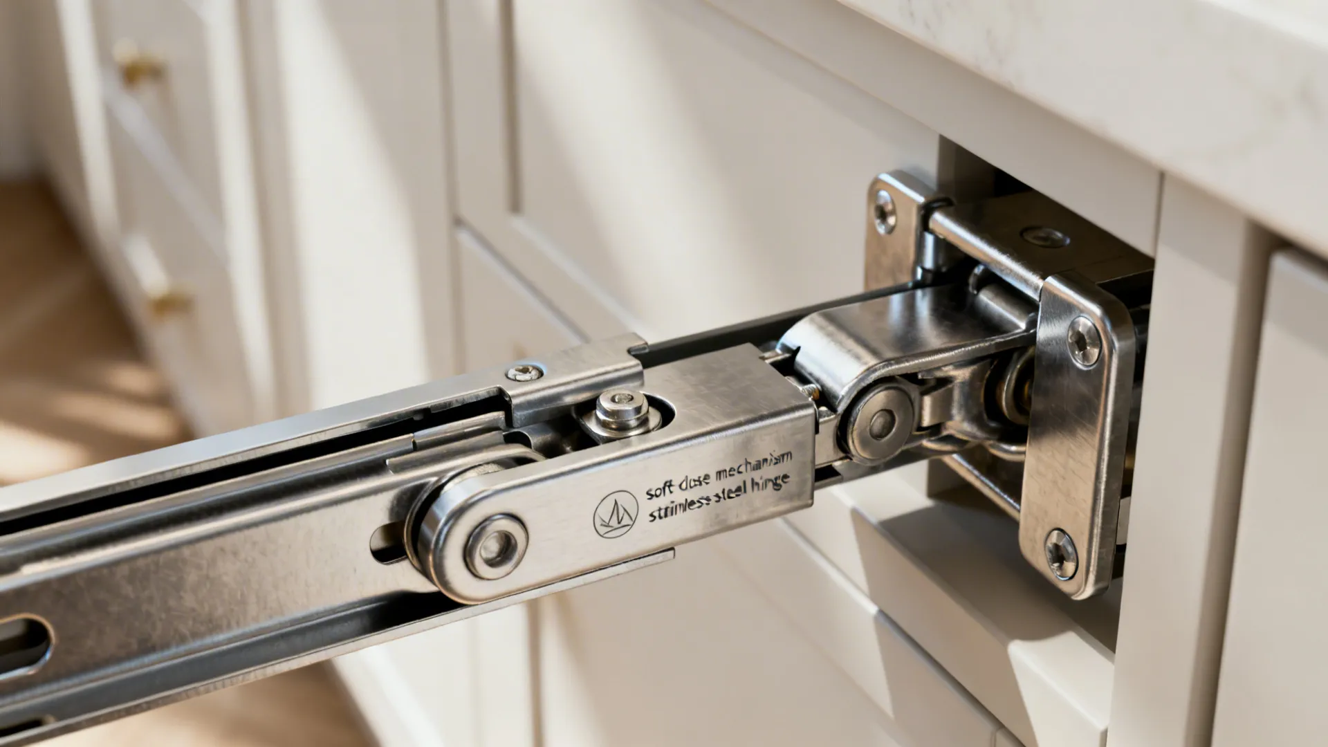 Macro shot of soft-close drawer slide and cabinet hinge hardware