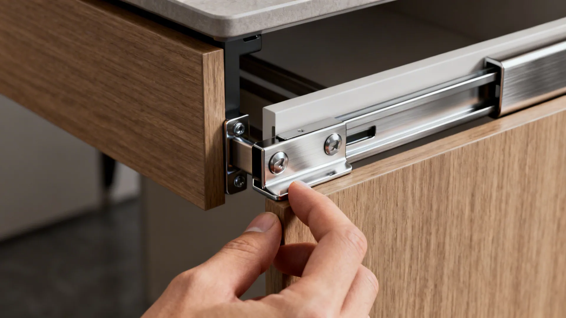Close-up of durable kitchen hardware: hinges, soft-close runners and pantry tracks