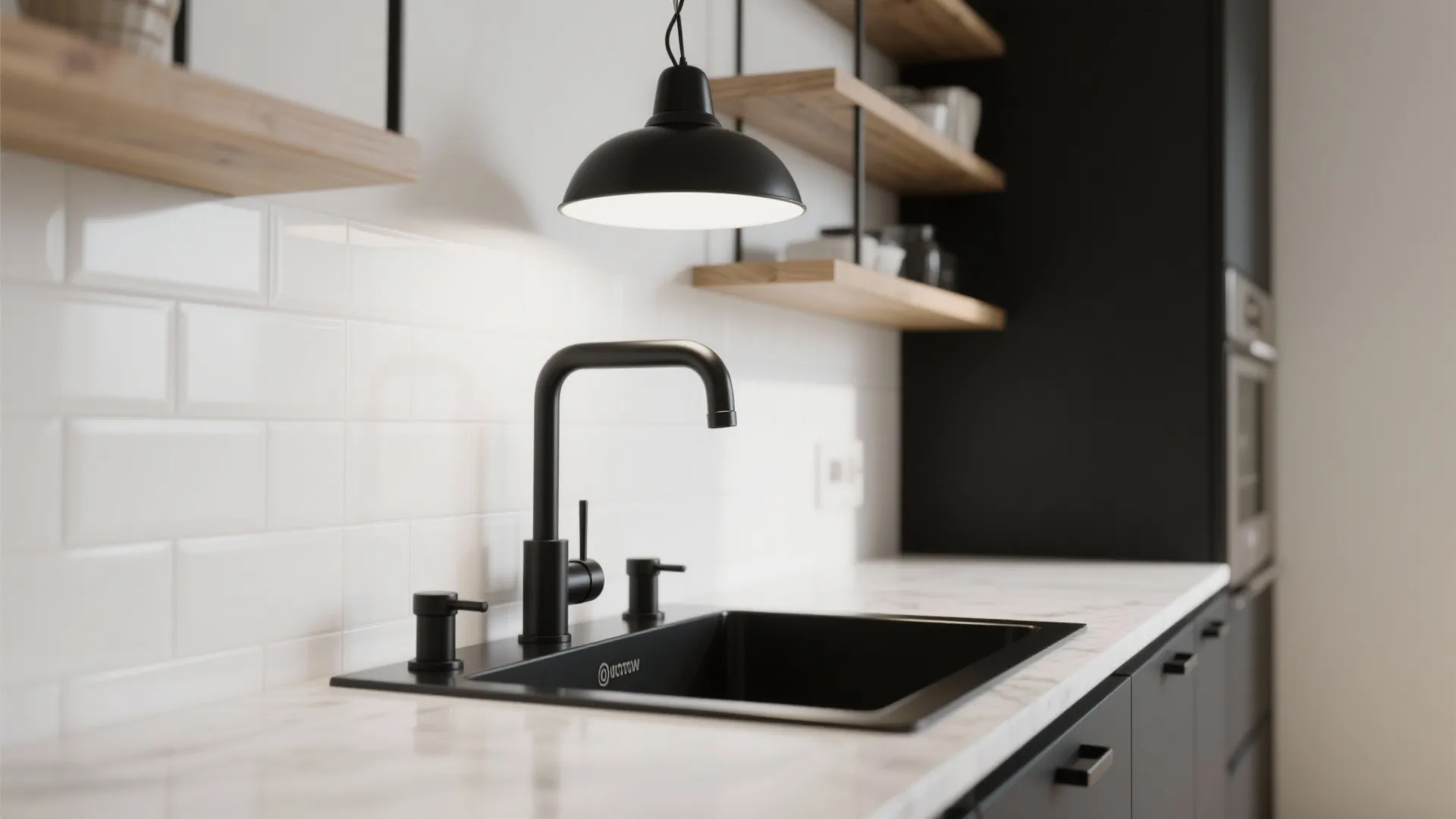 Modern kitchen with black sink black faucet white tiles wood shelves and a black ceiling light