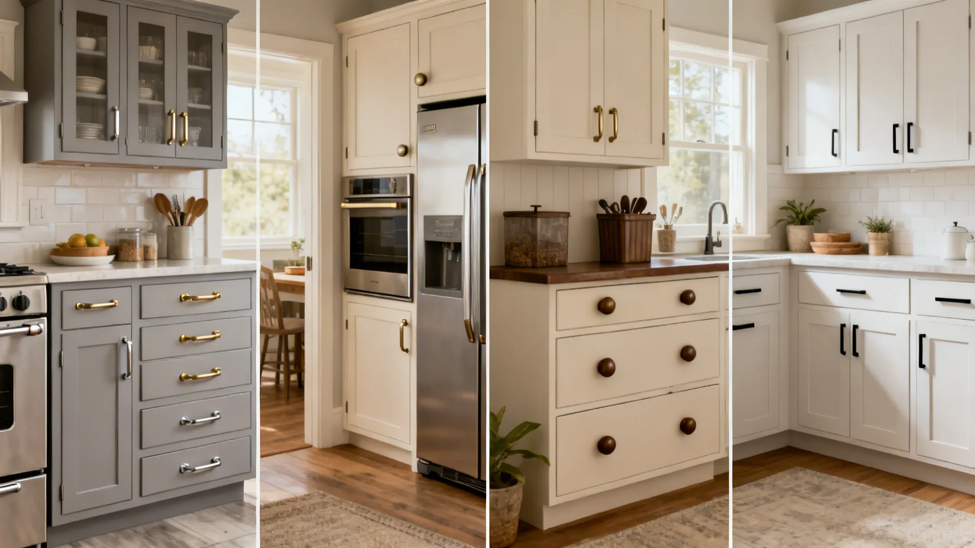 Panorama showing modern, transitional, cottage, and minimalist hardware combinations.