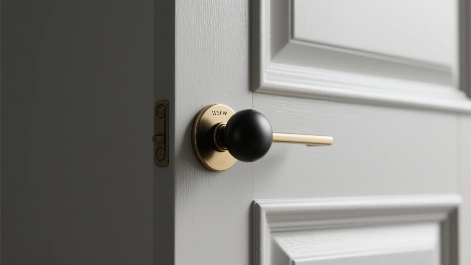 Close up of a modern black and gold door handle on a white wooden door