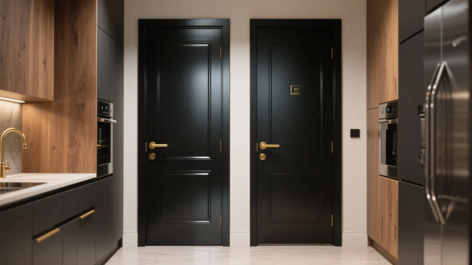 Two identical black interior doors with gold handles side by side in a modern kitchen