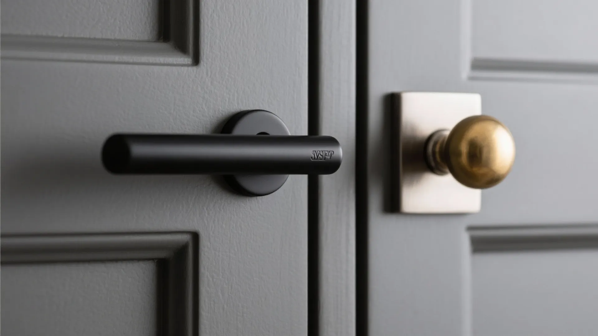 Side-by-side comparison of a matte black modern door handle and a classic gold door knob
