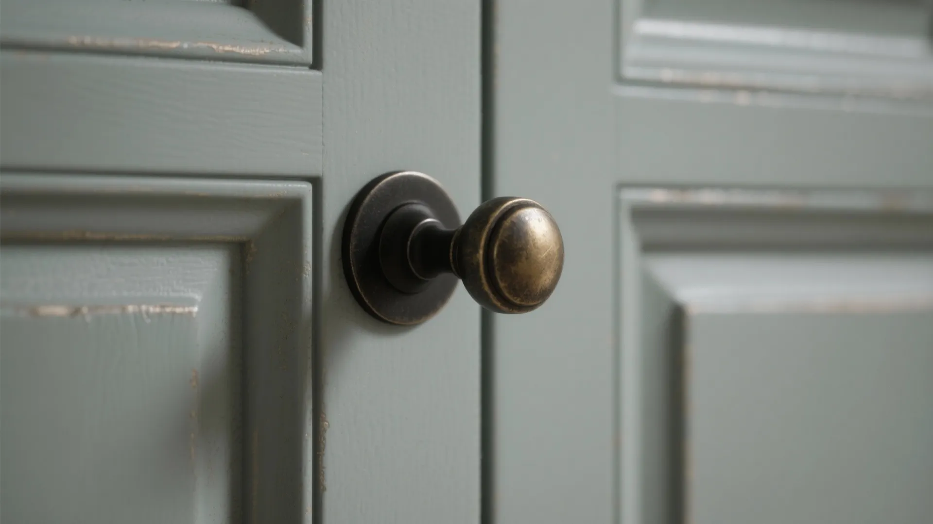 Close up of round bronze door knob on green wall panel cabinet door with textured