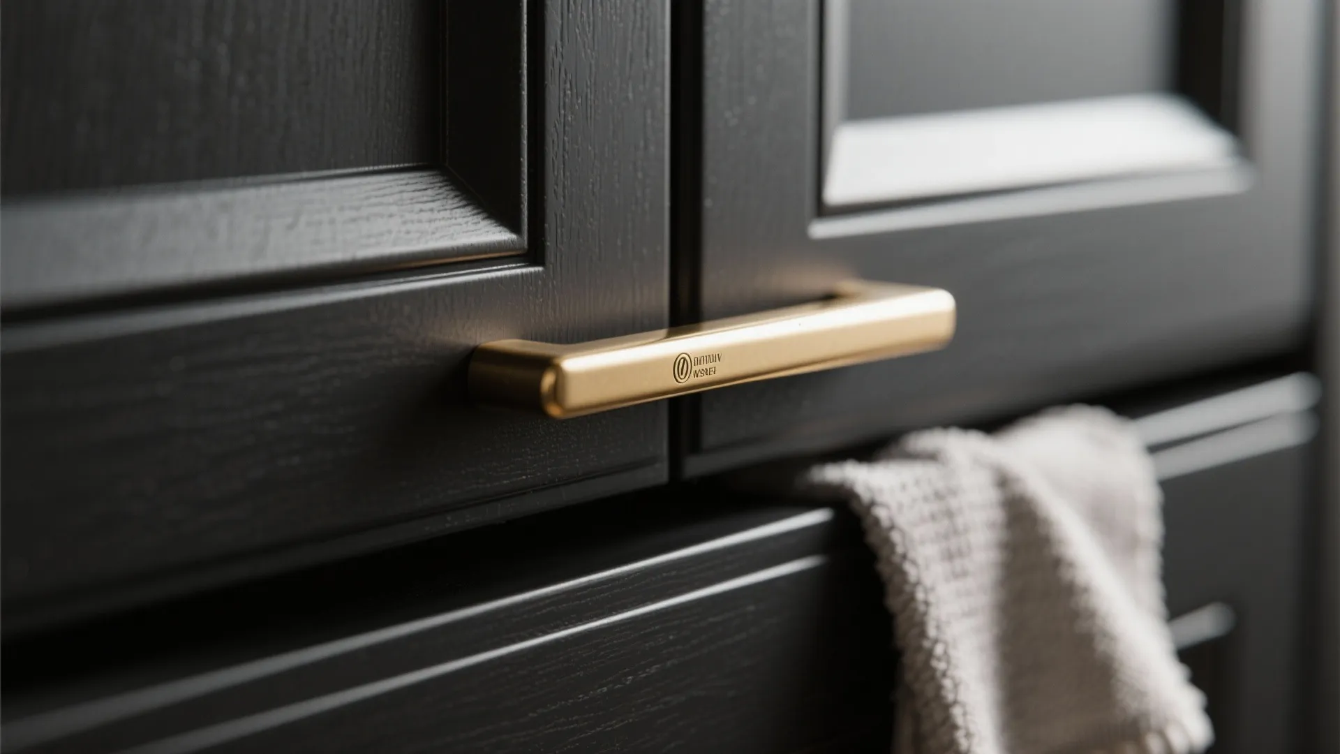 Close up view of gold handle on dark wood cabinet door with a white kitchen towel