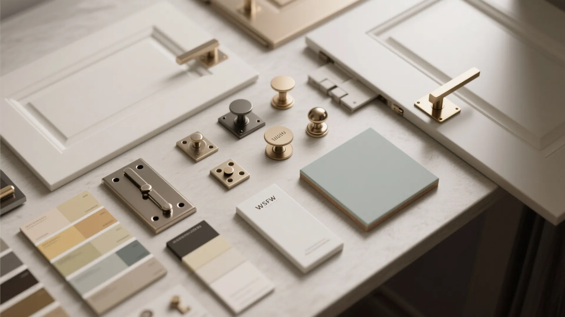 Flatlay of door hardware, knobs, hinges, and paint swatches coordinated for a finished look.