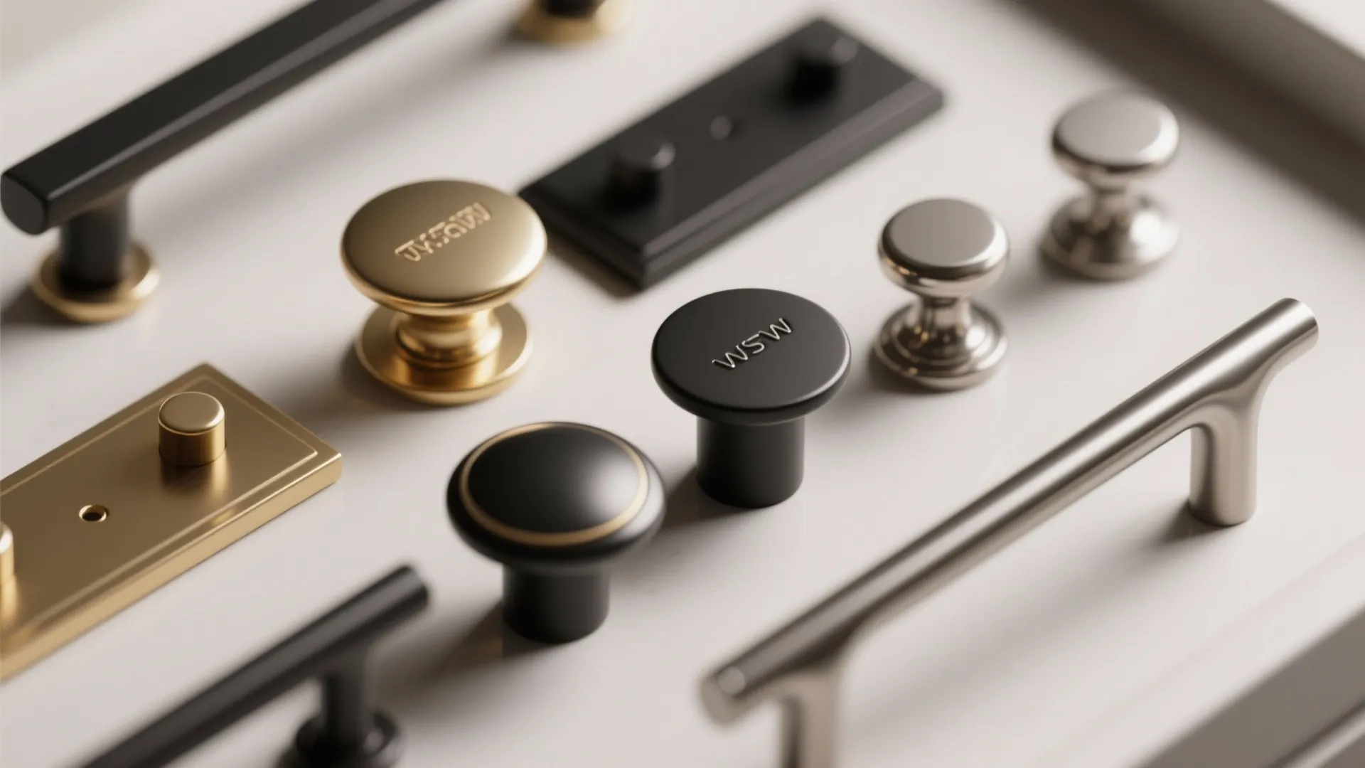 Close-up of coordinating cabinet knobs and handles in mixed metal finishes.