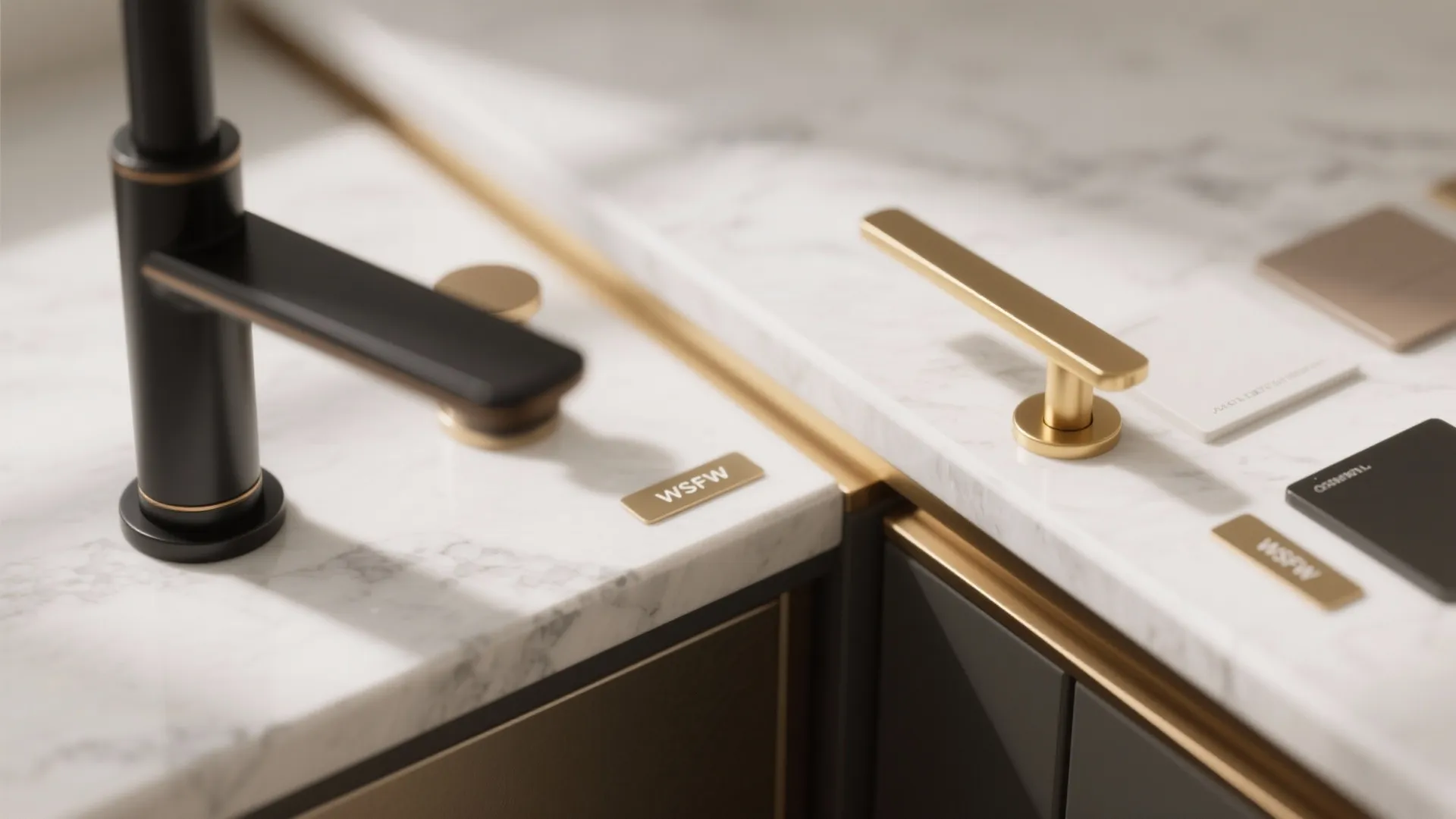 Modern kitchen marble countertop with black faucet and gold handle plus dark cabinet with gold trim