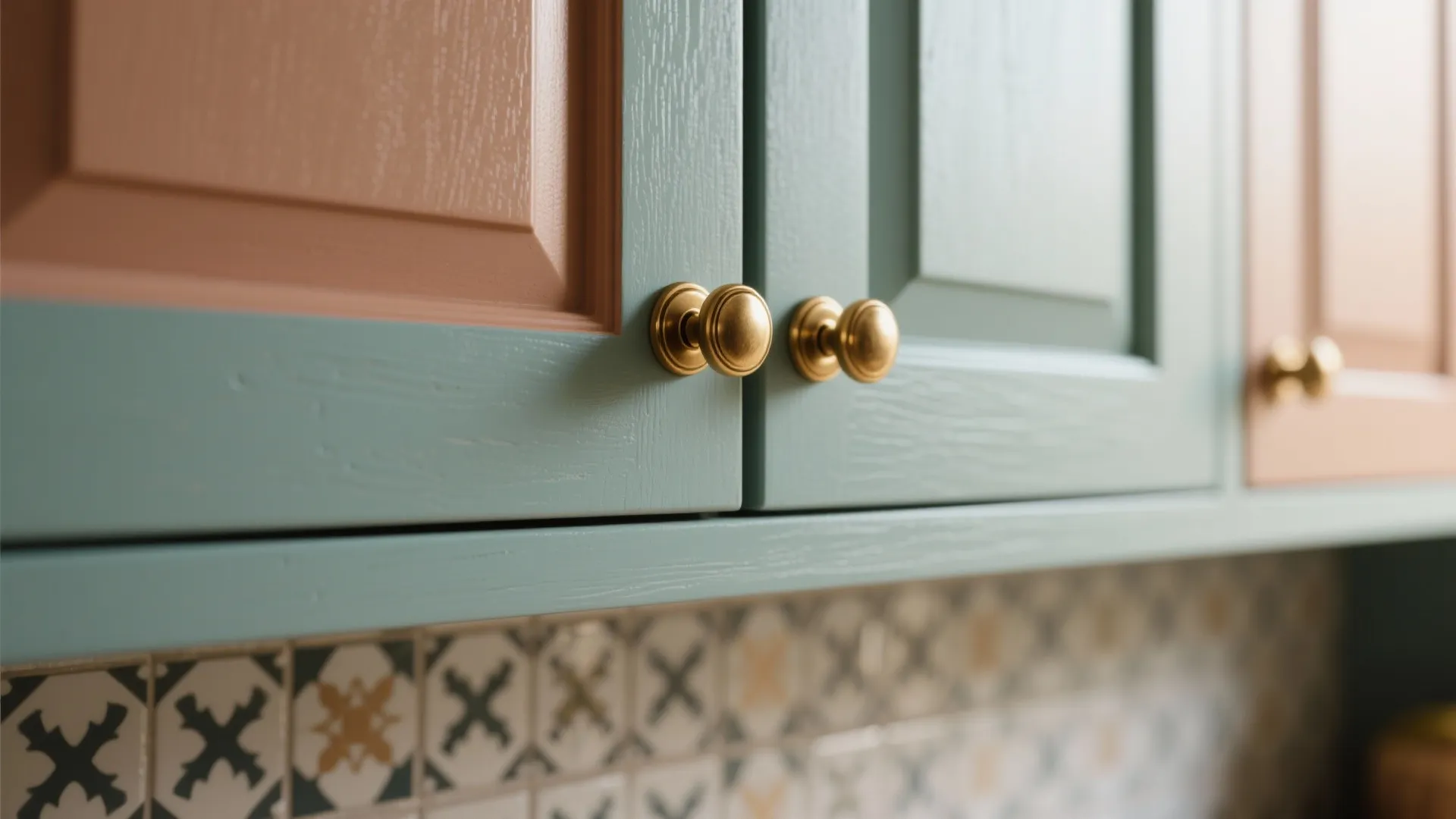 Close up of light blue and pink kitchen cabinet doors featuring round gold metal handle knobs