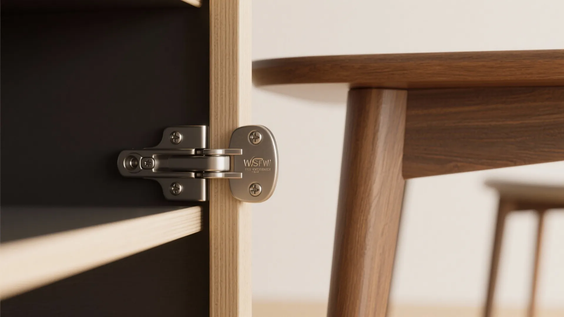 Close up view of metal door hinge installed on a light wood cabinet next to table