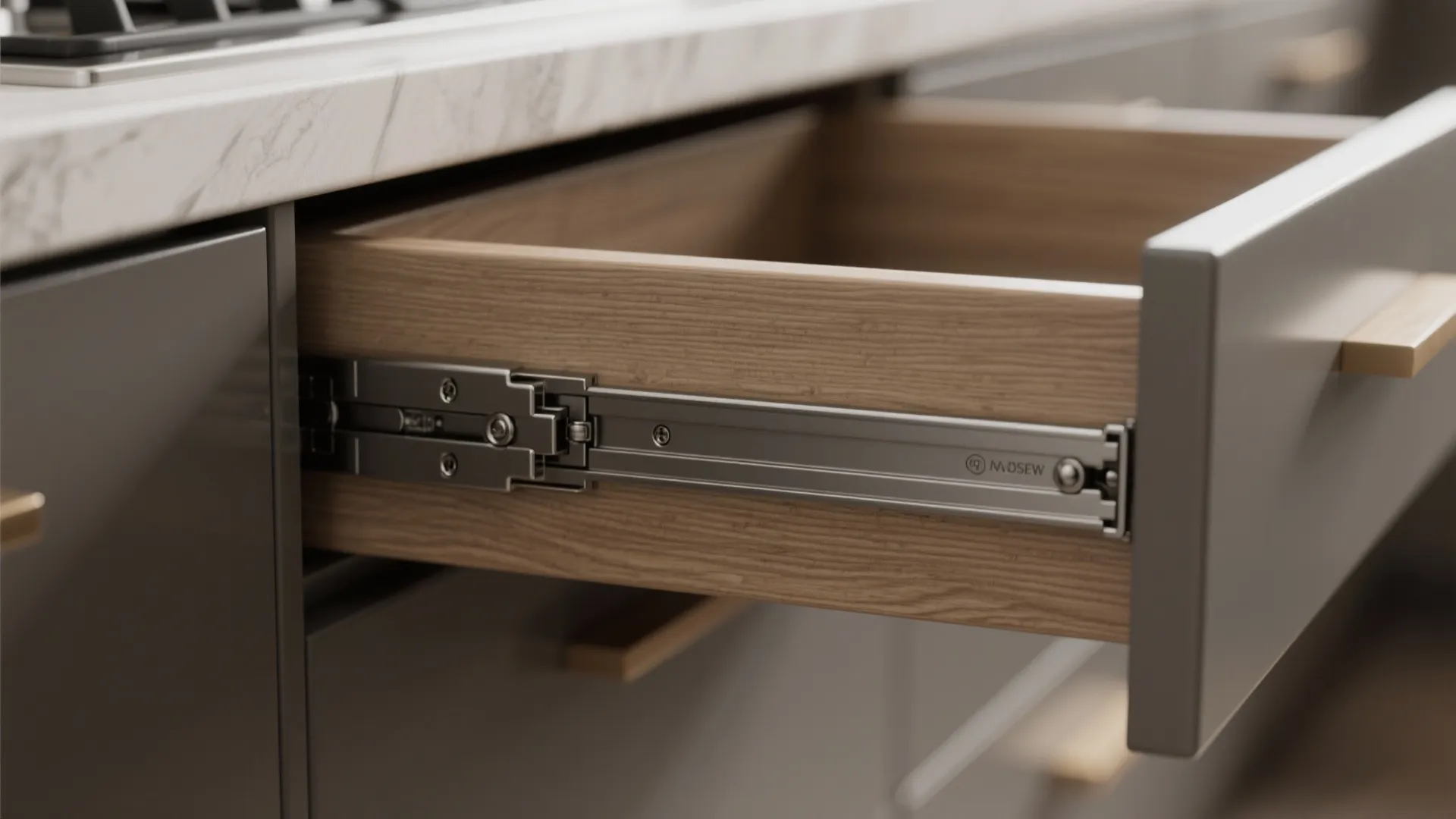 Macro detail of soft-close drawer slide and brushed metal hinge demonstrating build quality.