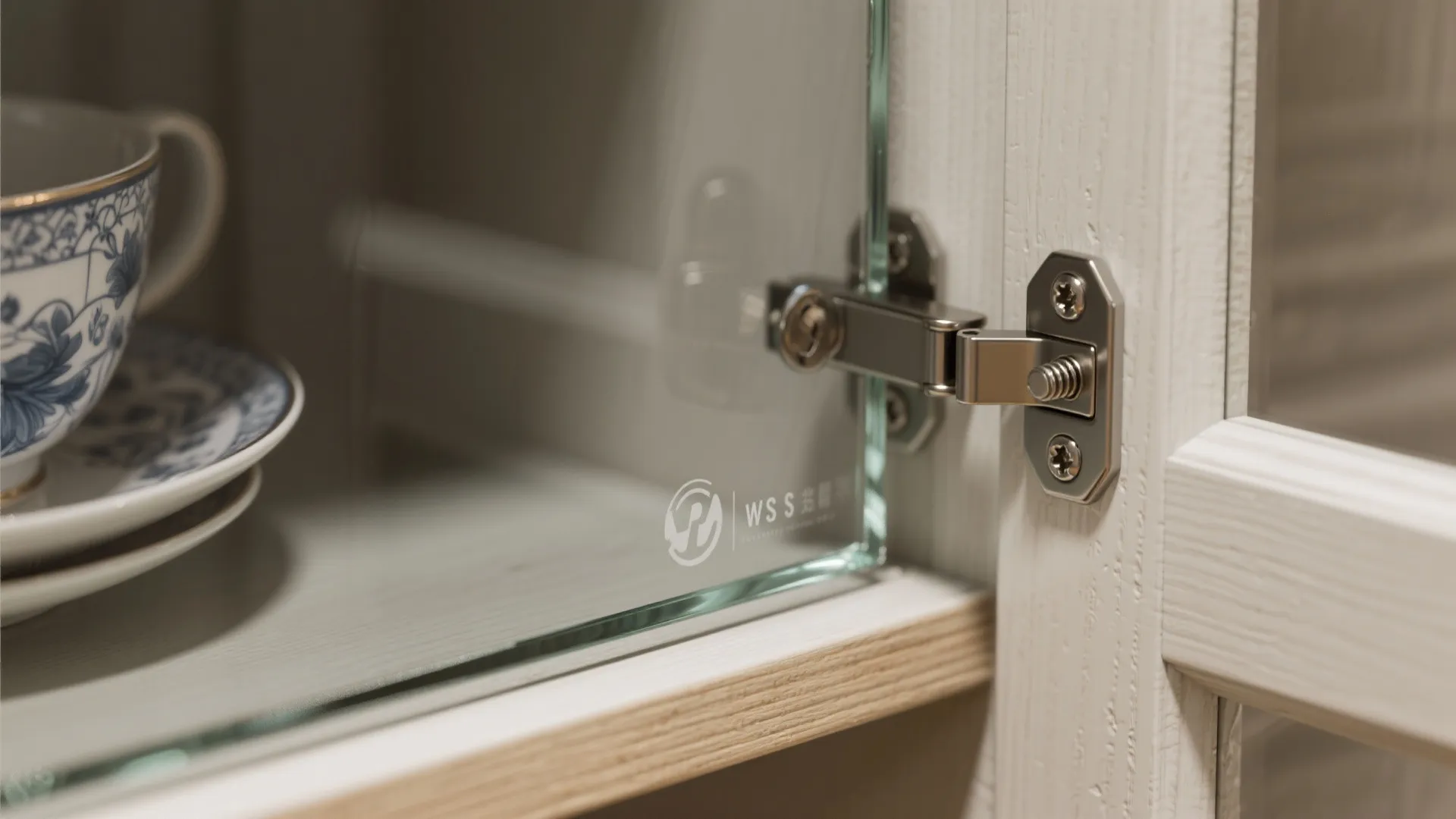 Close up of a metal hinge on a white wood cabinet door with glass panels