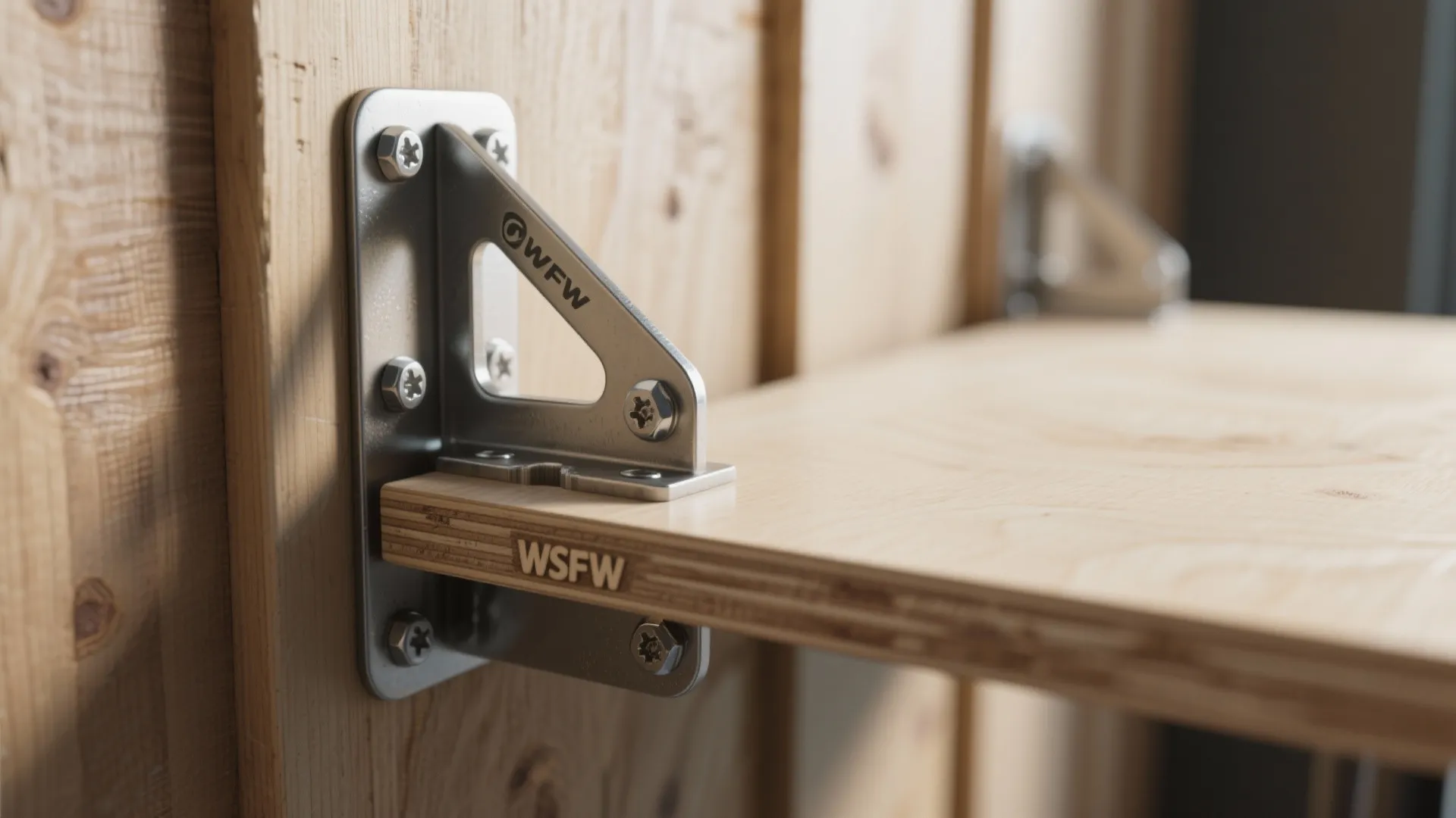 Metal shelf bracket attached to wooden wall holding a light wood board with metal screws