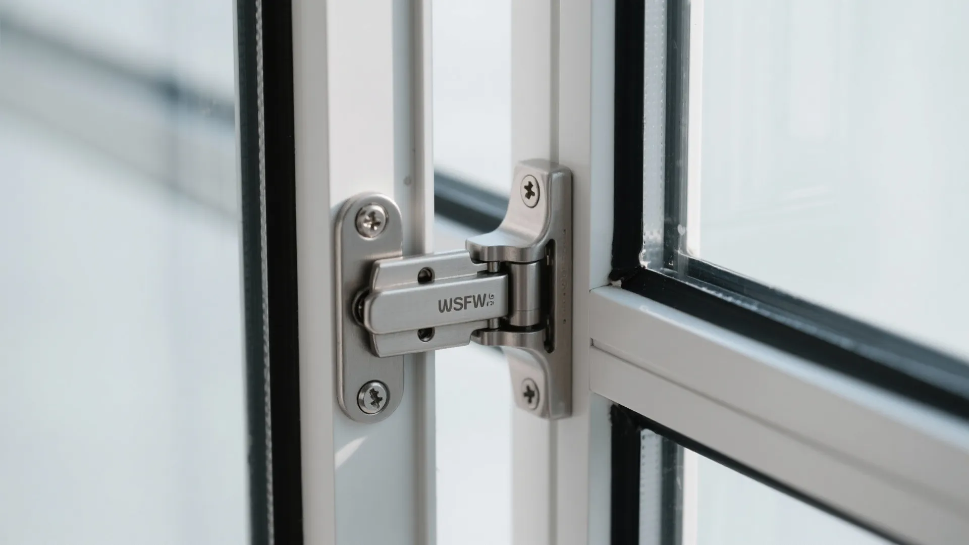 Close up of silver metal hinge installed on a white window frame with glass panels