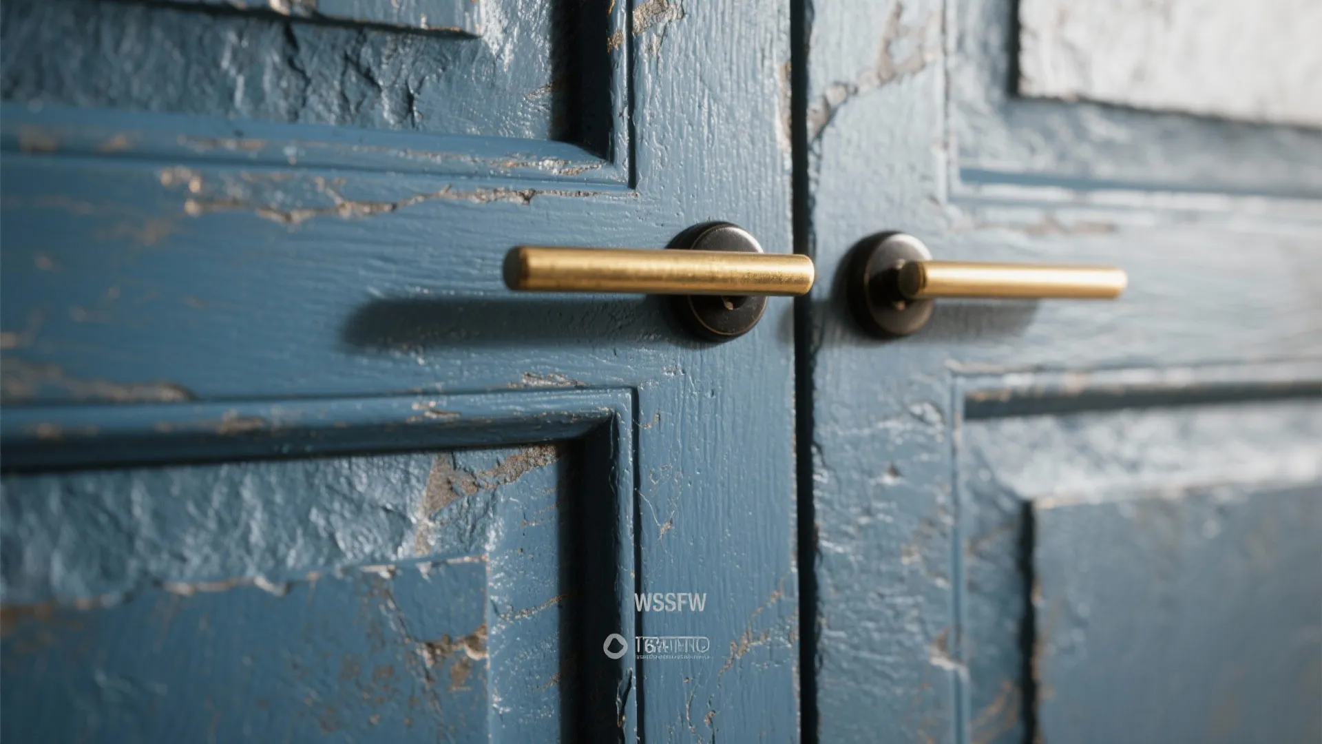 Close up of blue textured cabinet doors featuring modern gold handles in a bright kitchen