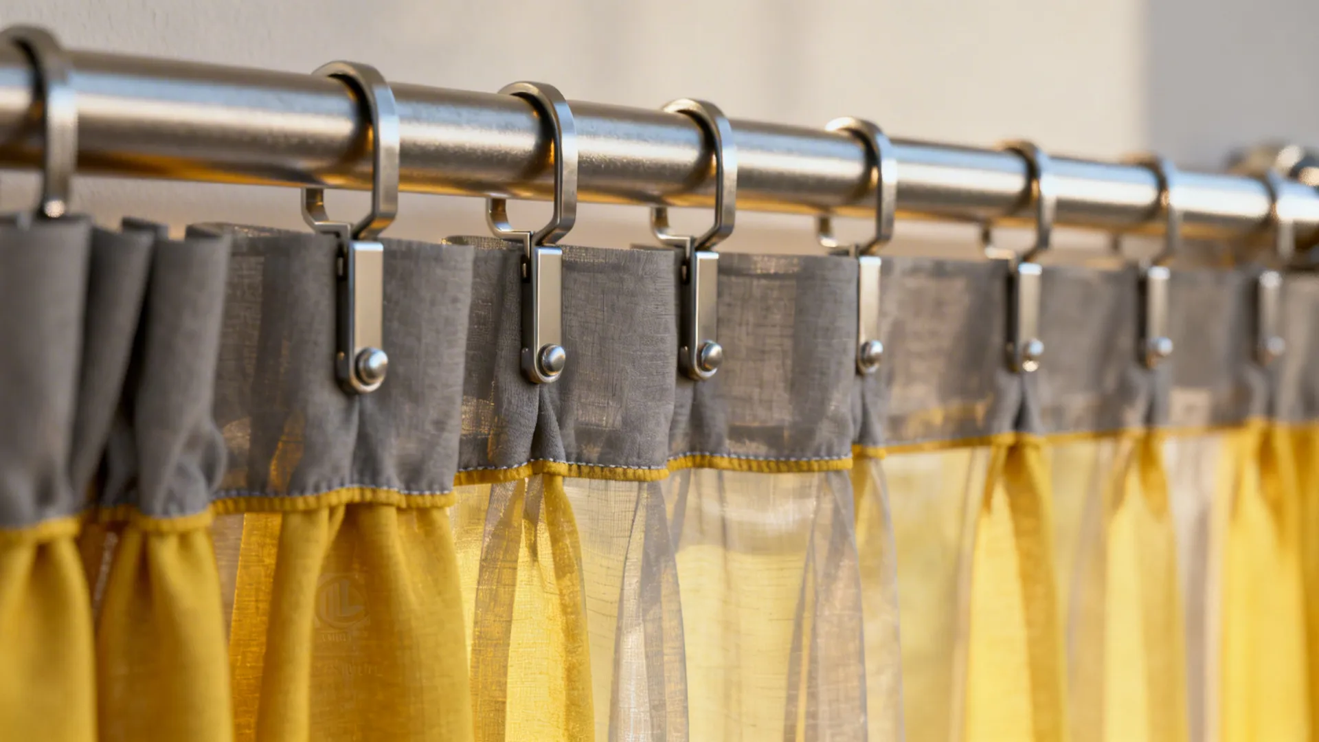Close-up of curtain hardware and layered grey sheer with yellow drape showing neat hemming and brackets.
