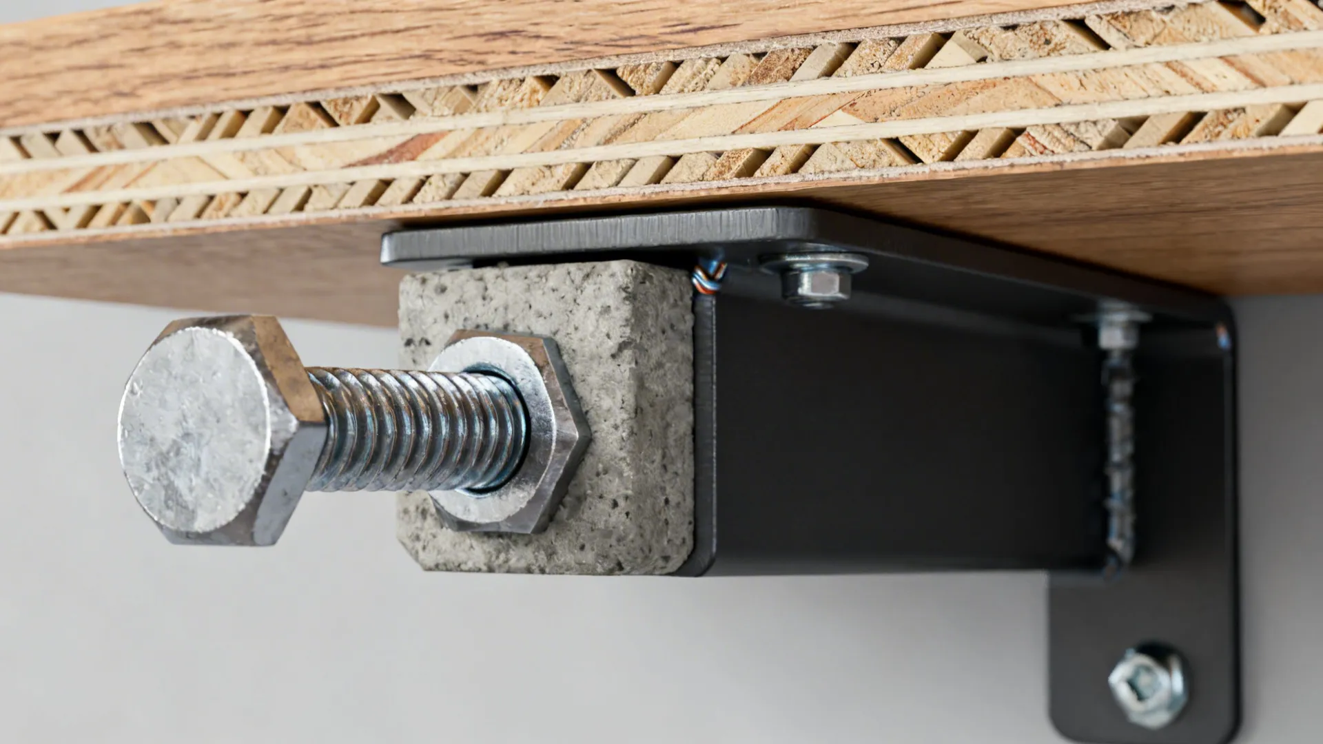 Close-up of floating shelf bracket, anchor, and wood edge detail