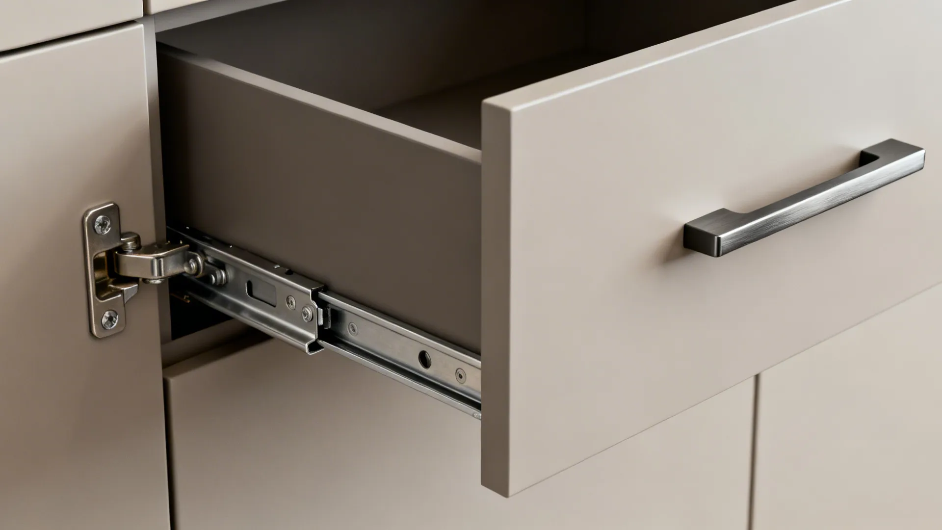 Close-up of a soft-close drawer runner, concealed hinge, and slim pull on a matte drawer.