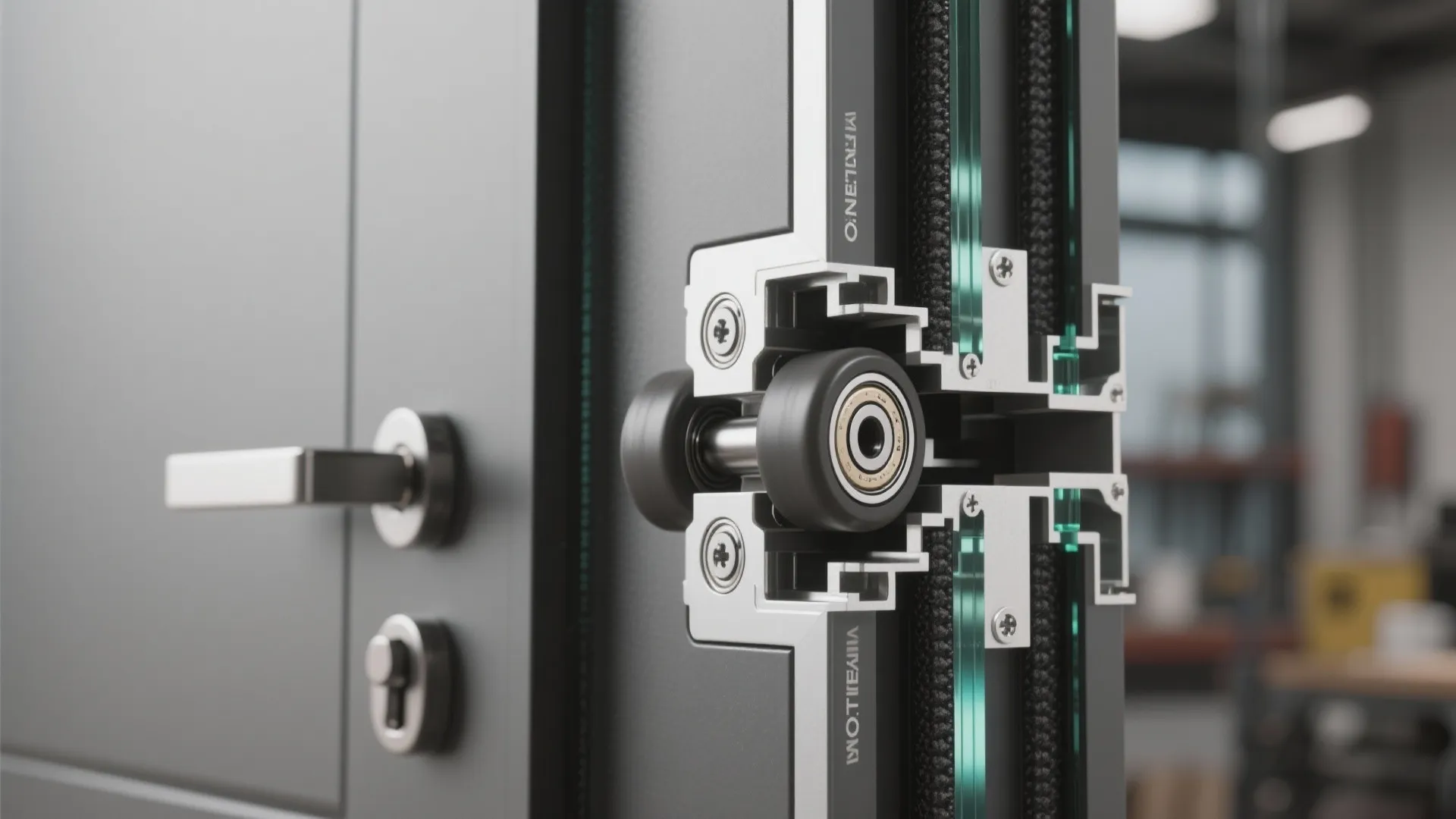 Close up view of sliding door roller hardware with metal frame, black wheels, and glass